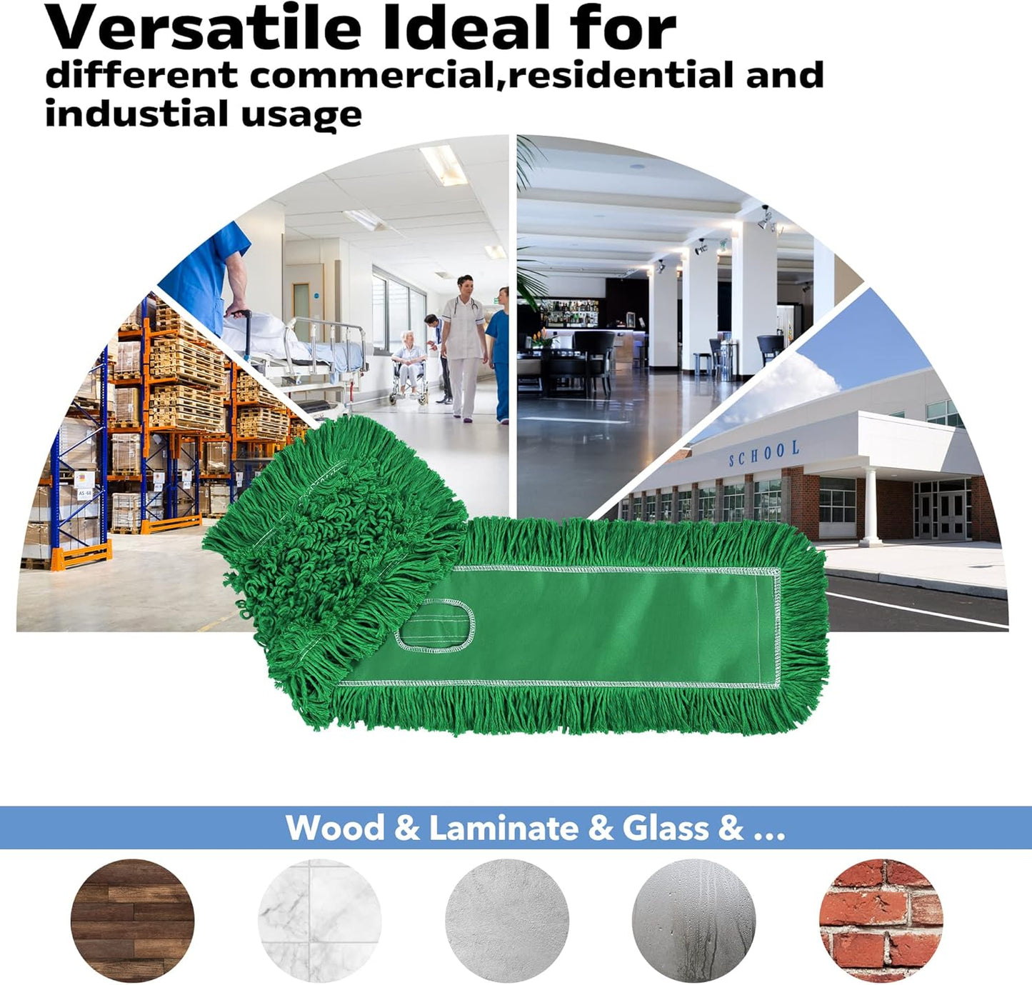 Matthew Cleaning 36'' Industrial Strength Cotton Dust Mop Refill Washable Replacement Heads for Residential & Commercial Use Fit Standard Dust Mop Frames, Hardwood, Concrete Floors Green 3 Pack