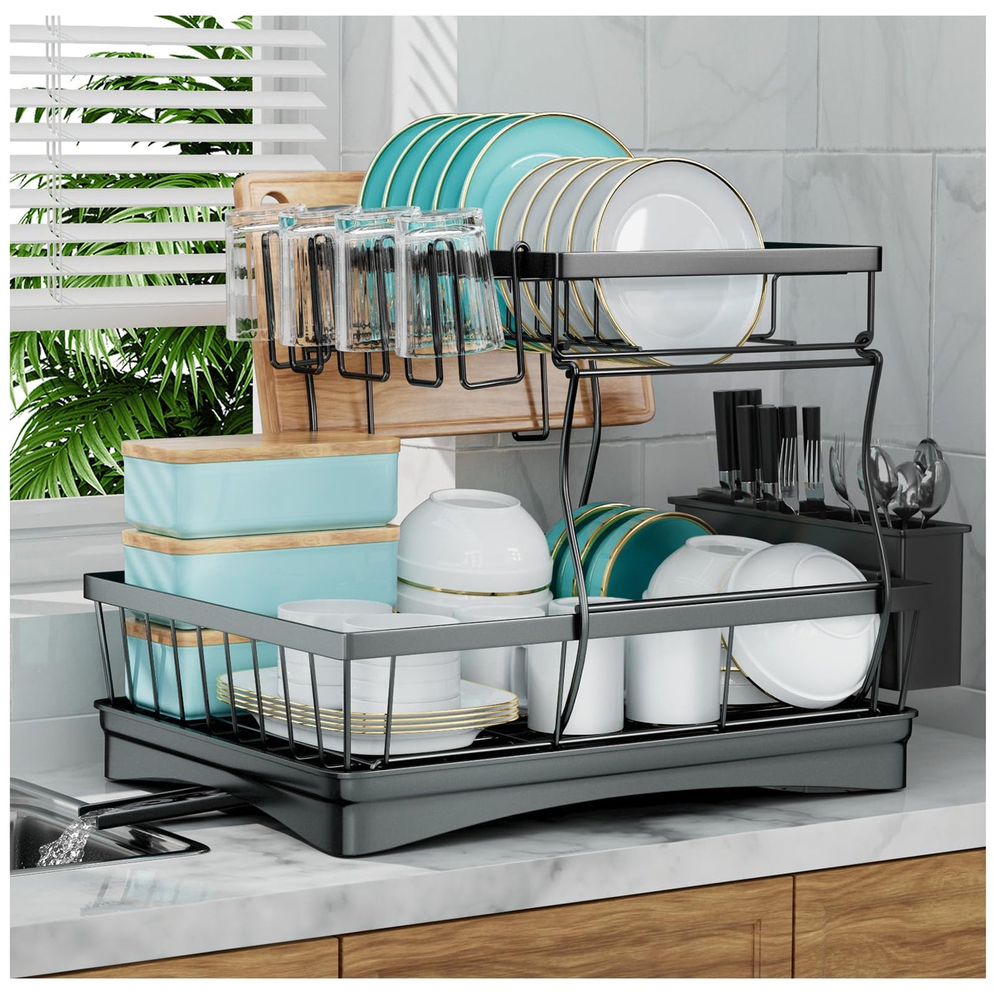 7 code 2-Tier Large Dish Drying Rack for Kitchen Counter, Black