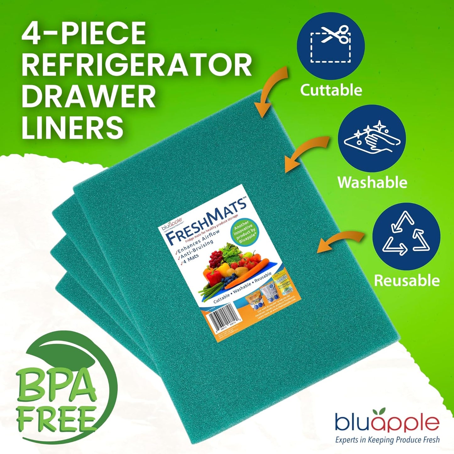 Bluapple FreshMats, Refrigerator Bin Liner, Fridge Drawer Mats, Crisper Life Extender Liner Keeps Produce Fresh Longer, Anti-Bruising, Helps Air Circulation, Washable & Reusable (4-Mats, 12x15, Teal)