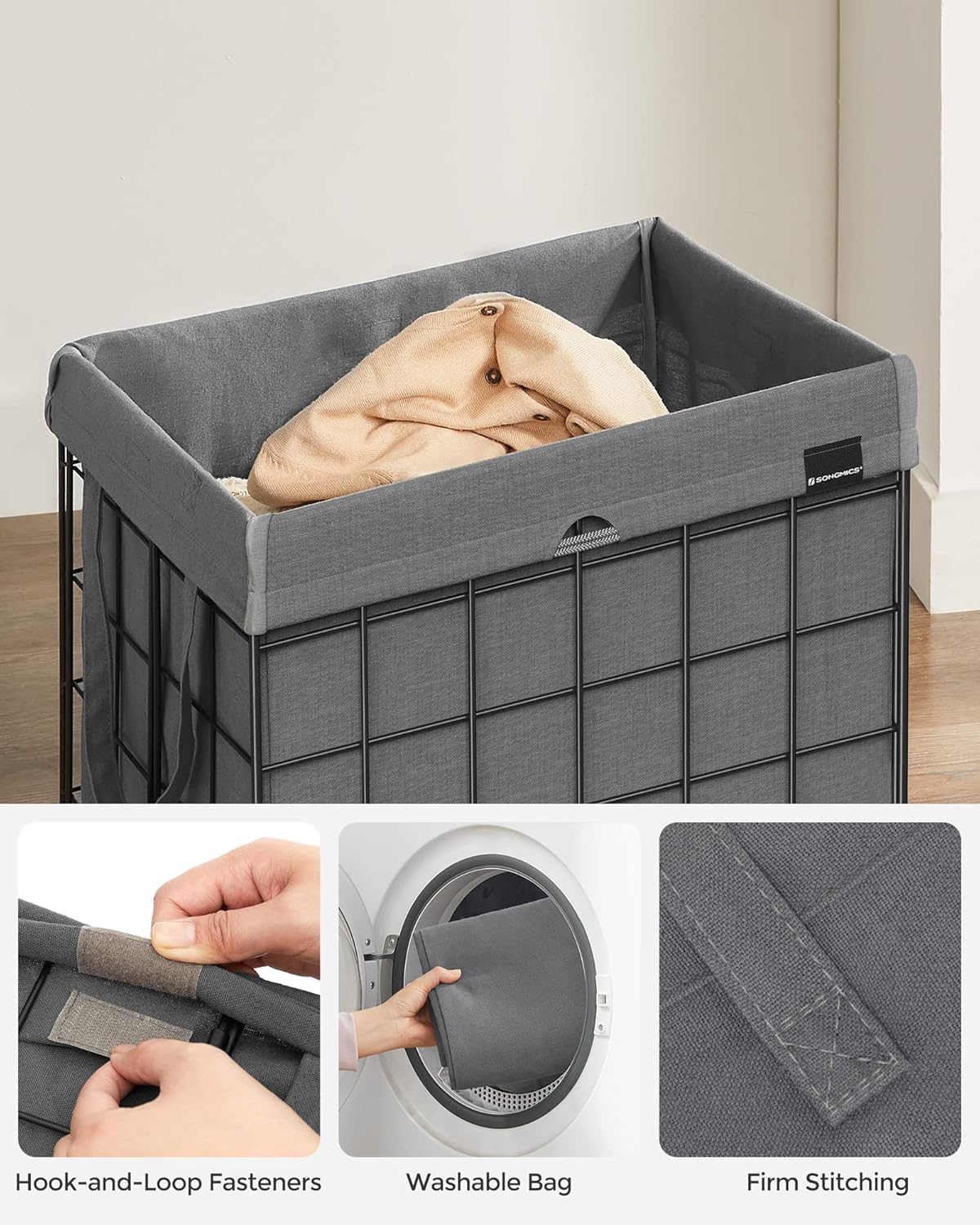 SONGMICS Laundry Hamper, 23.8 Gal. (90L) Laundry Basket, Collapsible Clothes Hamper, Removable and Washable Liner, Metal Wire Frame, for Bedroom Bathroom, Black and Gray ULCB190G01
