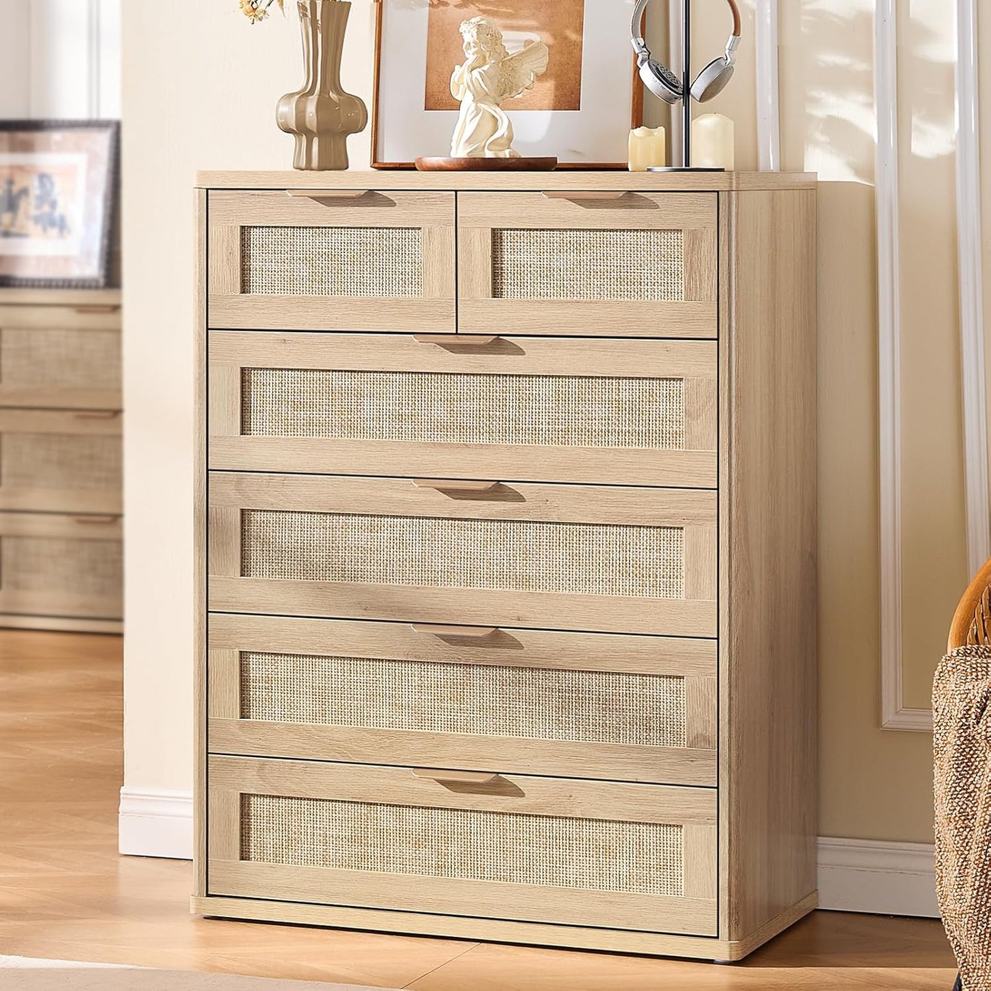 LEYAOYAO Rattan Dresser for Bedroom Set of 2, 42" Tall Chest of Drawers, Modern 6 Drawers Boho Dressers with Storage, Light Oak Dresser Wooden Closet Organizer for Living Room, Hallway, Natural Wood