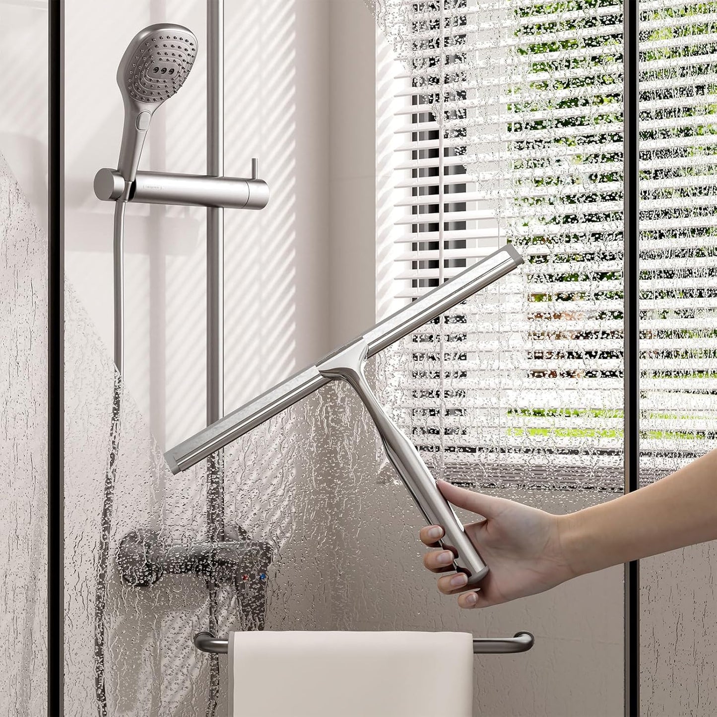 Shower Squeegee for Glass Doors, Stainless Steel Shower Squeegee for Bathroom, Window and Tiles, All-Purpose Squeegee with Adhesive Hook-10”, Chrome