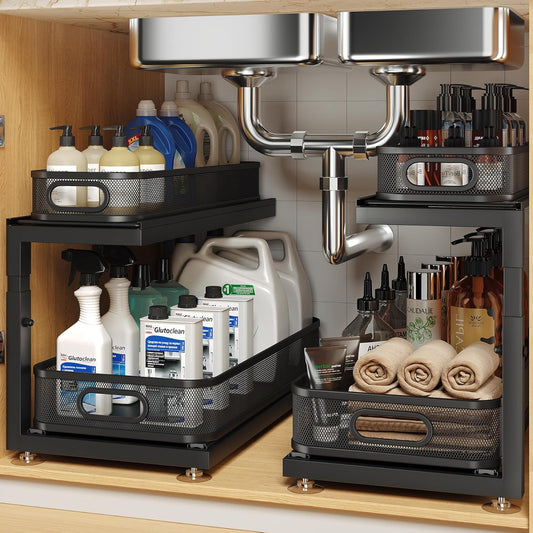 2-Pack 18.5 IN Depth Under Sink Organizer With Next-Gen Ball-Bearing Slides,Sophisticated Mesh 2-Tier Pull Out Shelf for Kitchen & Bathroom,Fits Small Items-Black