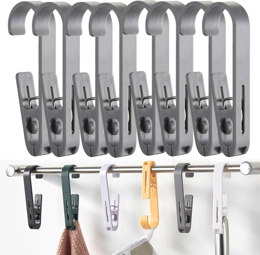 iBetterLife Clothes Pins Heavy Duty Outdoor - 8Pcs Large Laundry Hook Hangers with Clips Closet Organizer Clamps Hanging Socks Boot Bras Towels Shower Pegs for Bathroom Wardrobe Kitchen Office, Gray