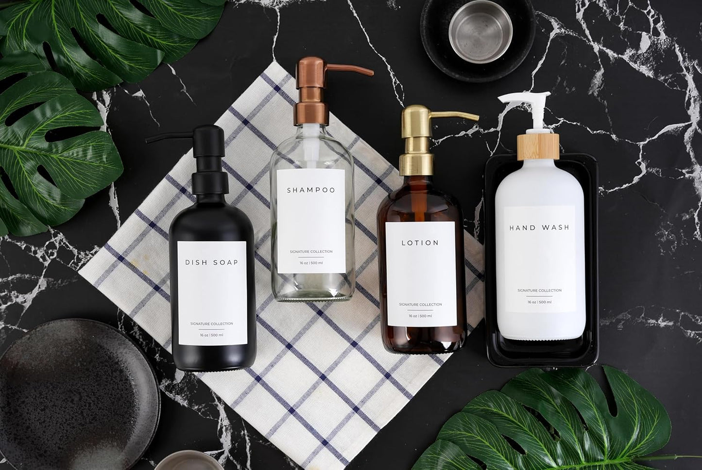 Emerson Soap Dispenser, Dish Soap Dispenser for Kitchen, Soap Dispenser Bathroom Set - Hand Soap Dispenser, Kitchen Soap Dispenser Set, Glass Soap Dispenser with Pump and Labels - 16 Oz, 2 Pack