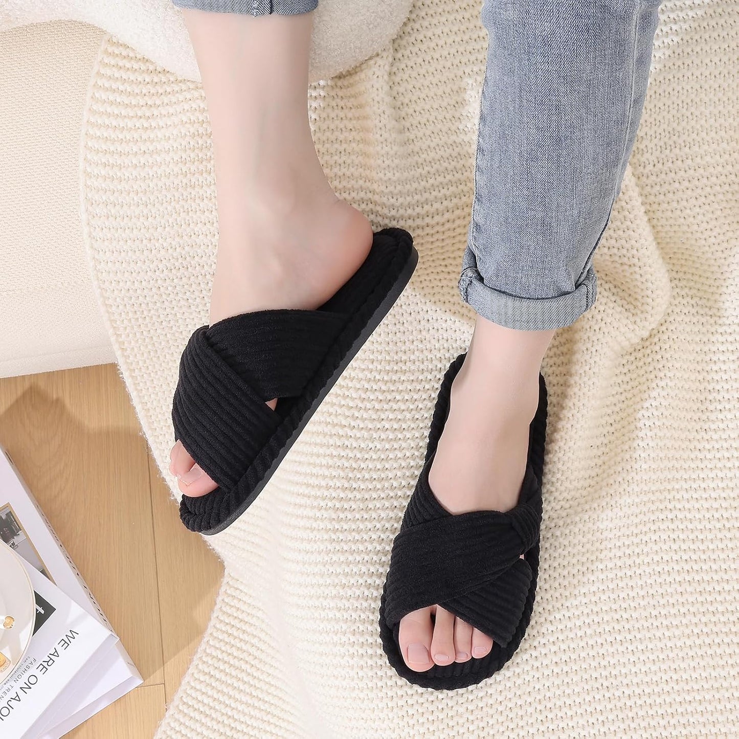 Evshine Summer House Slippers for Women Corduroy Cross Bow Indoor Slippers Open Toe Slip On Bedroom Shoes with Memory Foam