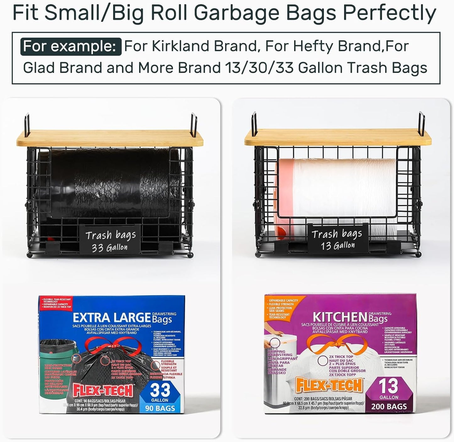 Upgrade Larger, Fit 13/30/33+ Gallon Trashbag Perfectly - 1 SET Stackable Trash Bag Holder with Tags & Bamboo Top, Garbage Bag Dispenser Stand, Kitchen Pantry Under Sink Laundry Room Organizer Basket