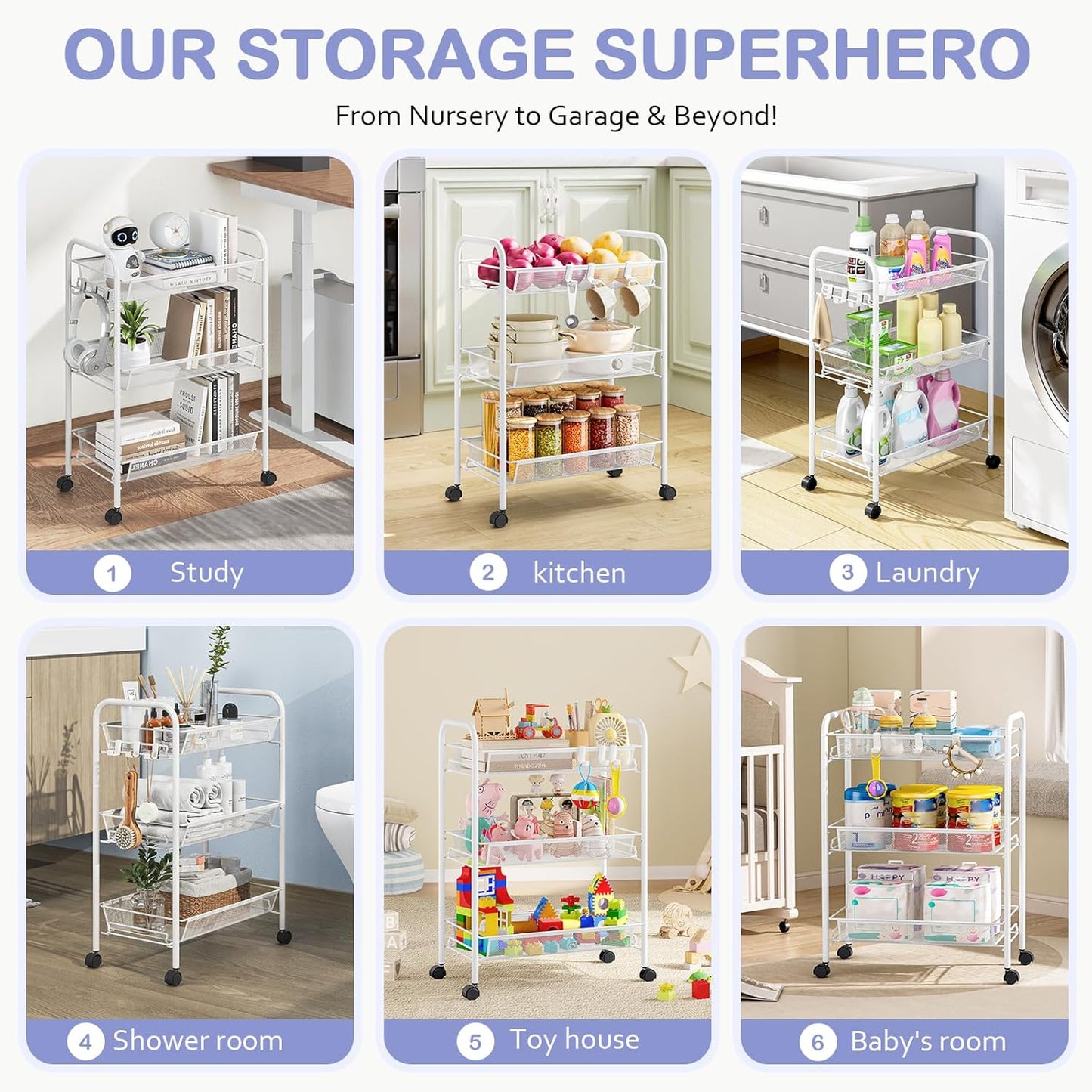 TOOLF 3-Tier Metal Rolling Cart, Mesh Wire Easy Assemble Utility Cart, Storage Trolley on Wheels with 3 Hooks, MetalStorage Shelving Units for Kitchen Bathroom Laundry Room