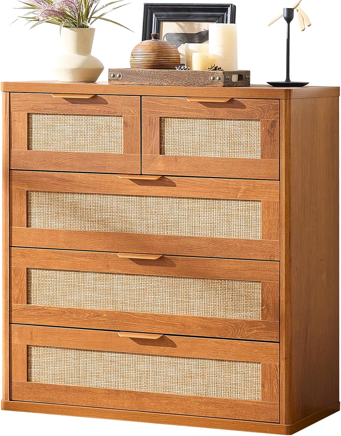 LEYAOYAO Rattan Dresser for Bedroom, 33.5" Tall Chest of Drawers, Modern 5 Drawers Boho Dressers with Storage, Vintage Brown Dresser Wooden Closet Organizer for Living Room, Hallway