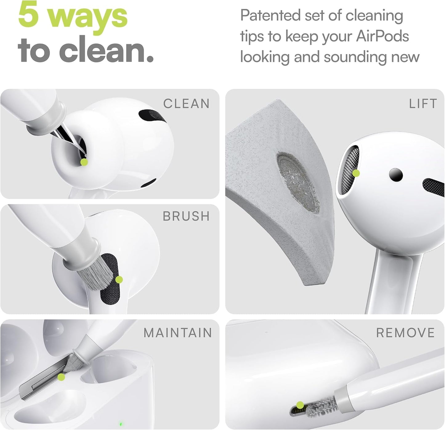 KeyBudz Air Care 2.0 AirPods Cleaning Kit - Patented Multi-Tool Cleaner with Interchangeable Brush Tips for AirPods, iPhone and Apple Devices with Sticky Squares Putty, Hard Case and Travel Pouch