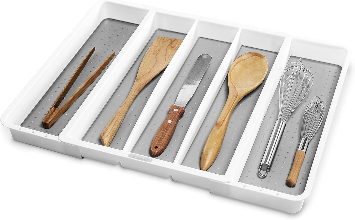 madesmart Expandable Utensil Tray-White | Classic Collection | 5-Compartments | Kitchen Organizer | Soft-Grip Lining and Non-Slip Rubber Feet | Easy to Clean | BPA-Free