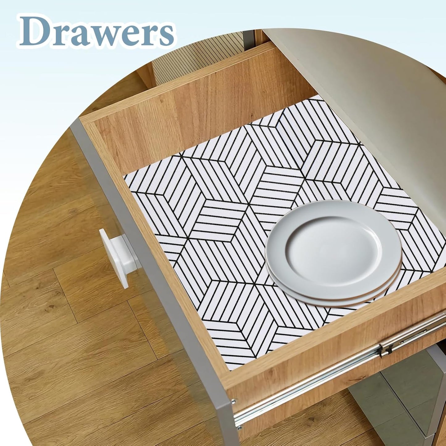 Shelf Liners for Kitchen Cabinets Non Adhesive Shelf Liner Paper Non-Slip Thickened Drawer Liner Easy to Clean for Tool Box Refrigerator with Knife and Tape Measure, Black Geometric, 17.3 x 236.2 in