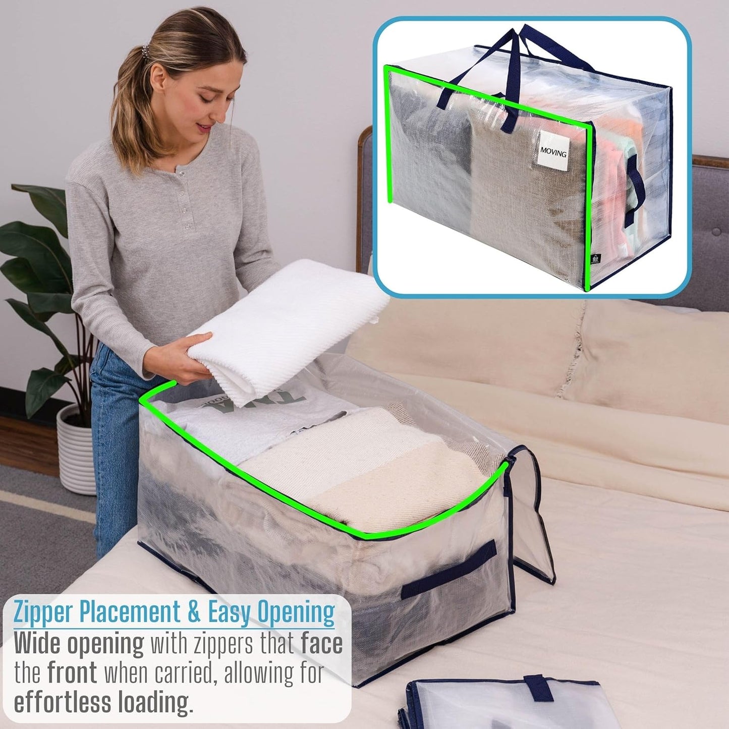 VENO 2 Pack Moving and Storage Bags, Heavy Duty, Alternative to Moving Boxes, Large Packing Totes Supplies for College Dorm Room with Zipper for Clothes, Wide Open Design (Clear, 2 Pack)