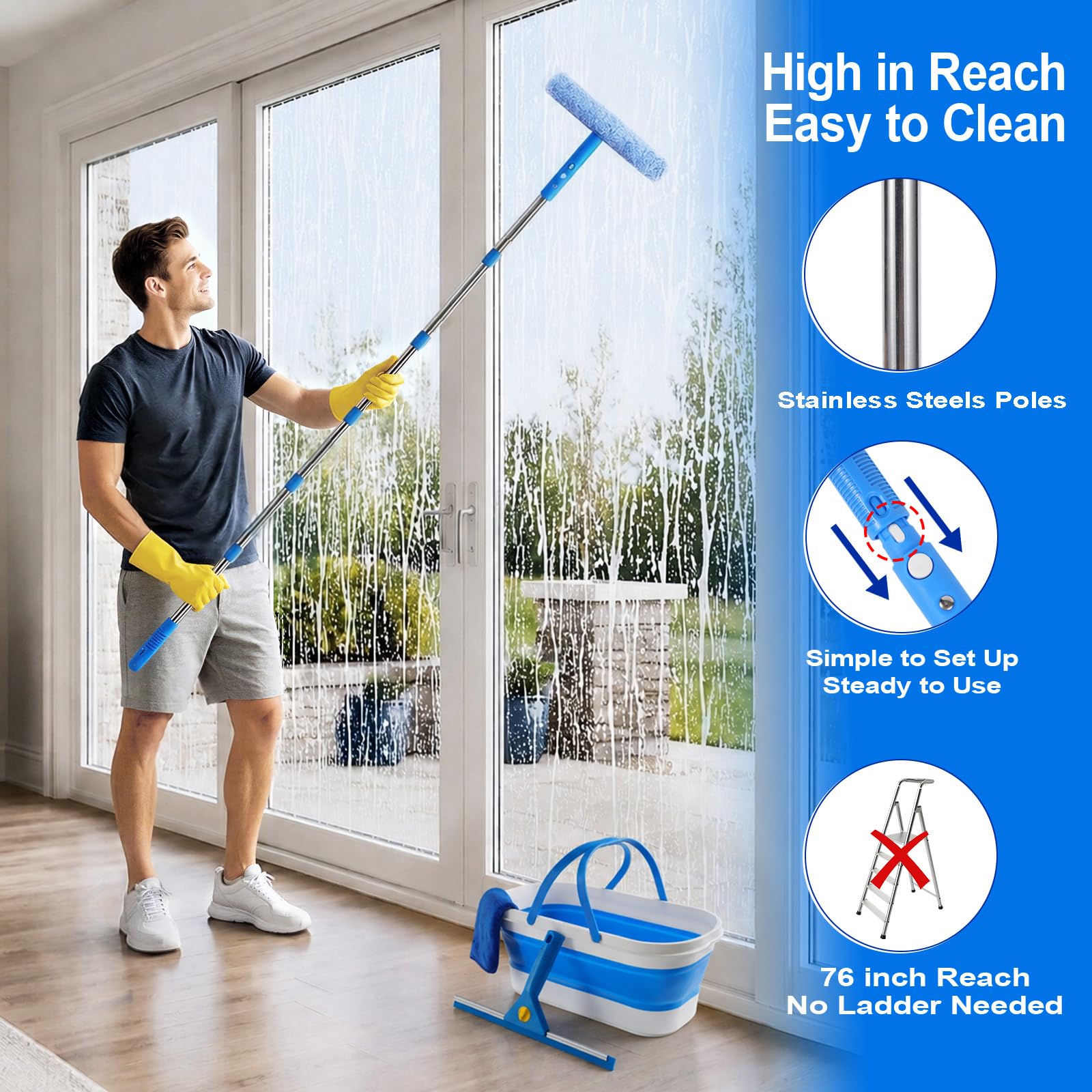 Window Cleaning Kit, Window Washing Kit with 3 Gallon Collapsible Bucket, 14-Inch Squeegee &