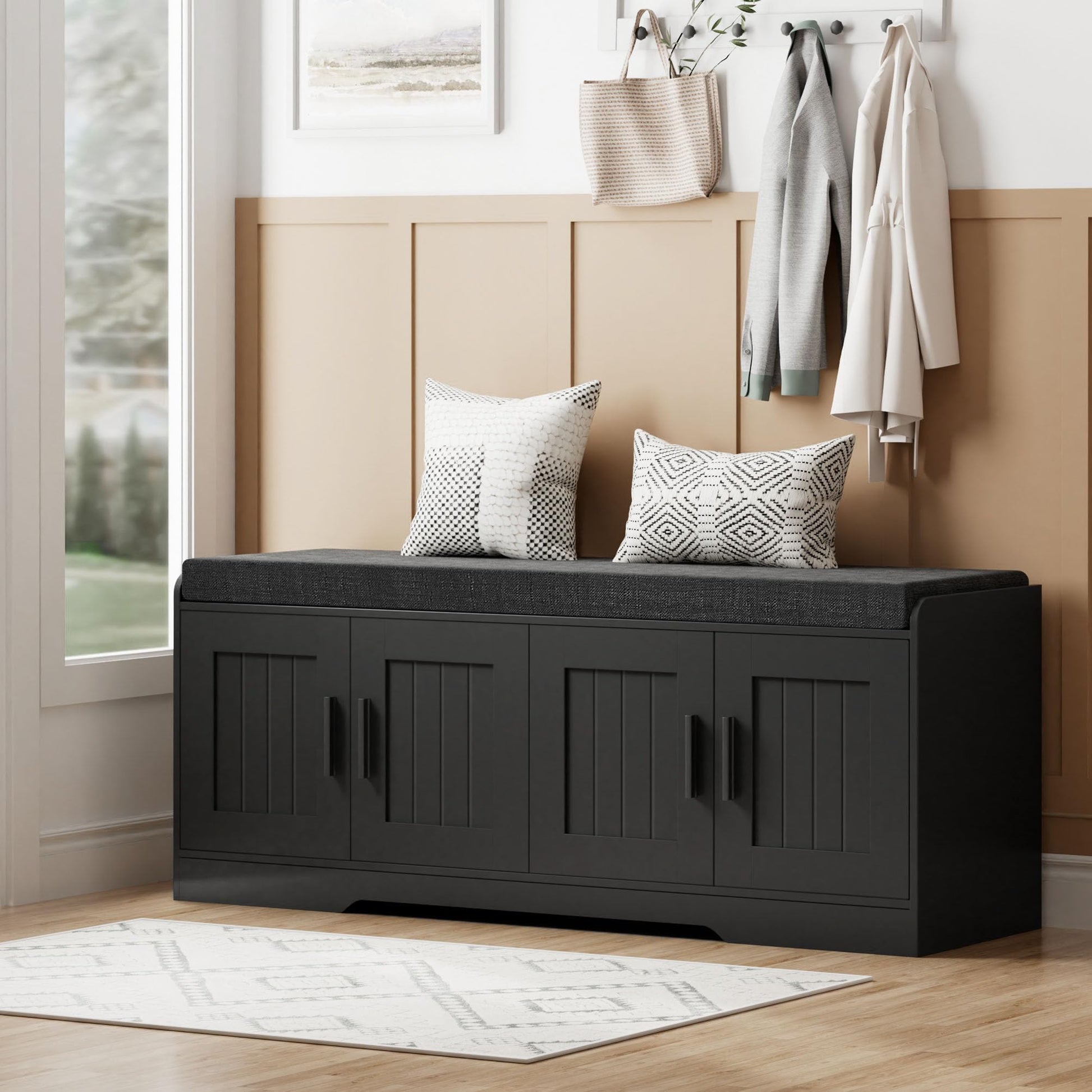Homleke Shoe Storage Bench, 4 Doors & Thickened Padded Seat Cushion