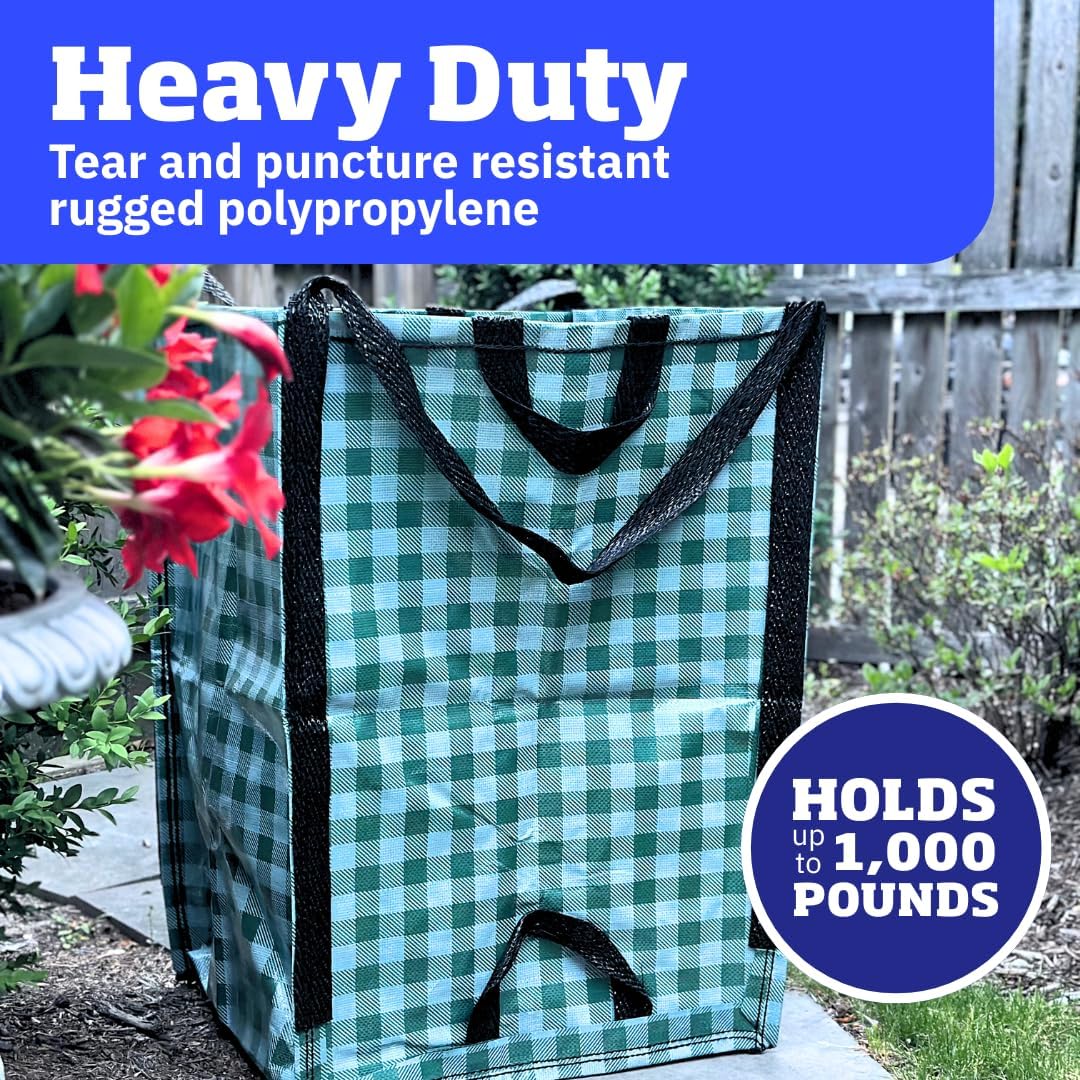 DURASACK Heavy Duty Home and Yard Bags 48-Gallon Reusable Self-Standing Lawn and Leaf Bags Garbage Can with Reinforced Handles, Gingham Green, 3 Pack