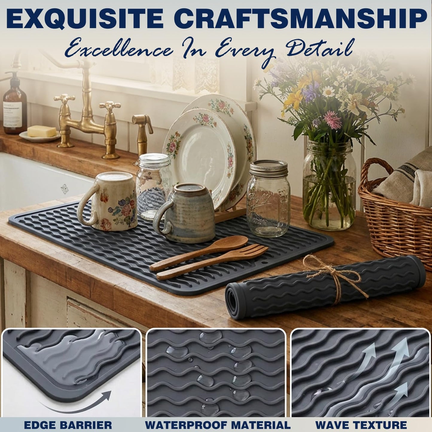 2 Pack Caketime Silicone Dish Drying Mat for Kitchen Counter Heat Resistant Under Sink Waterproof