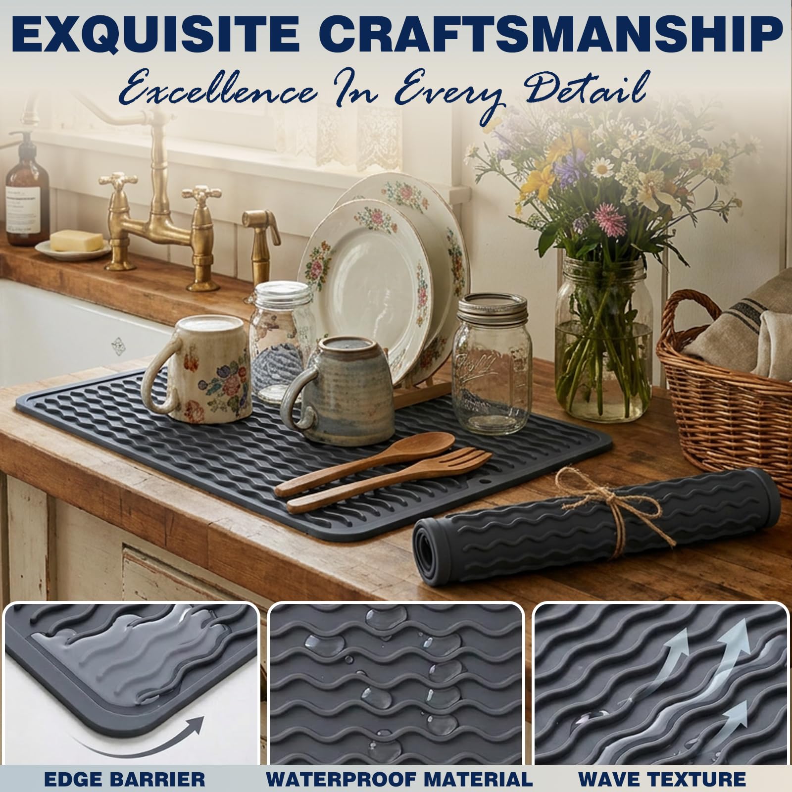 2 Pack Caketime Silicone Dish Drying Mat for Kitchen Counter Heat Resistant Under Sink Waterproof