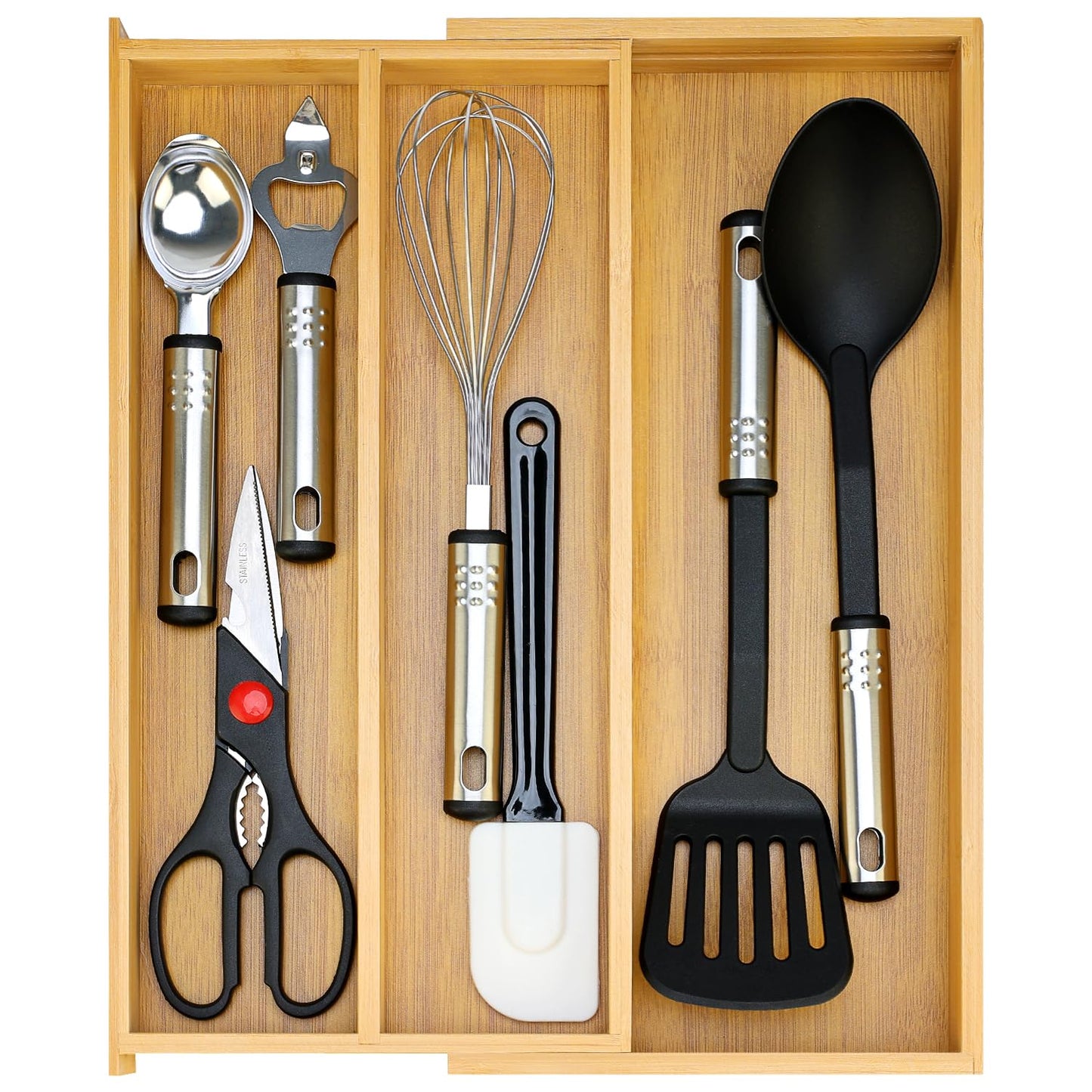 Large Bamboo Kitchen Utensil Drawer Organizer Expandable Silverware Tray