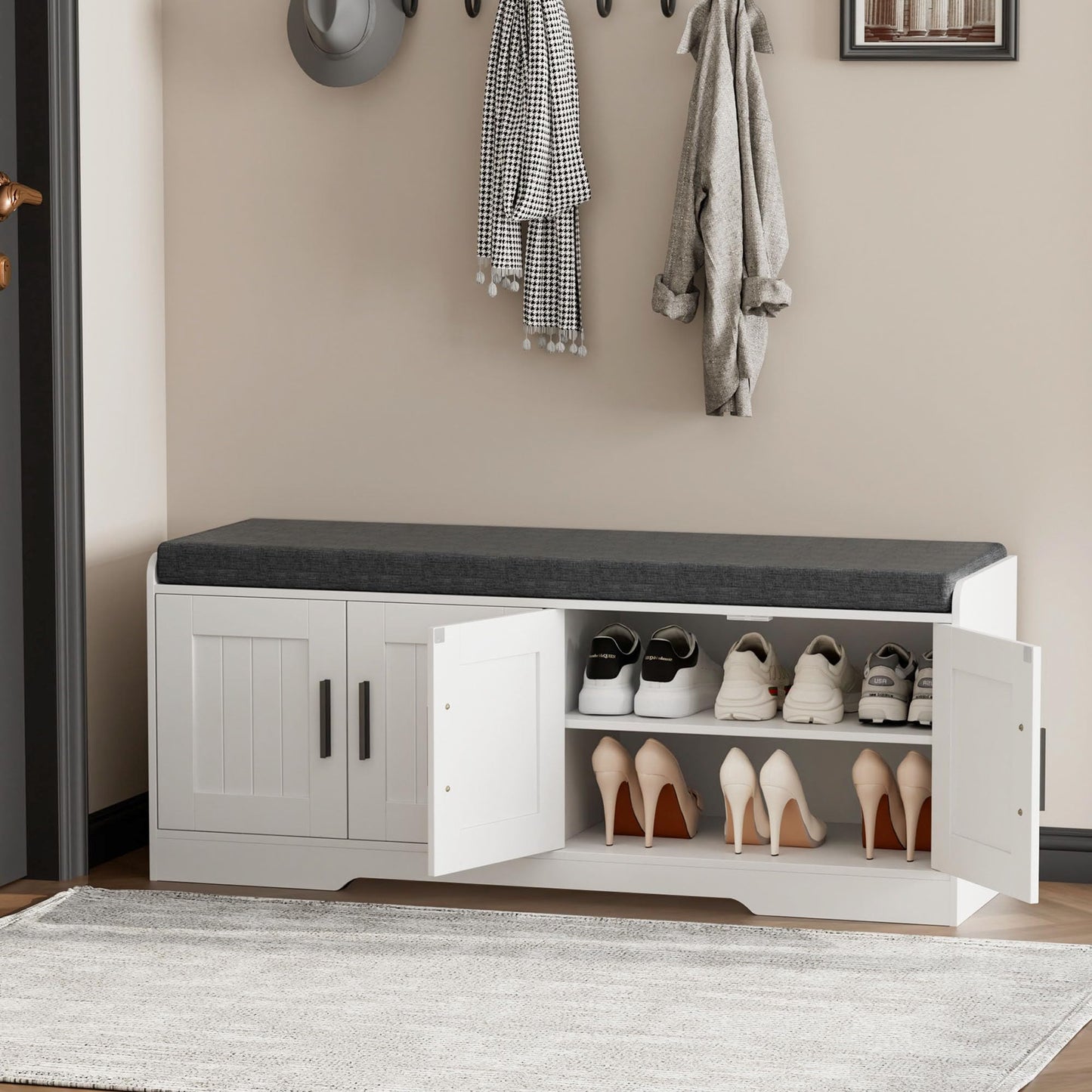 Homleke Shoe Storage Bench, 4 Doors & Thickened Padded Seat Cushion
