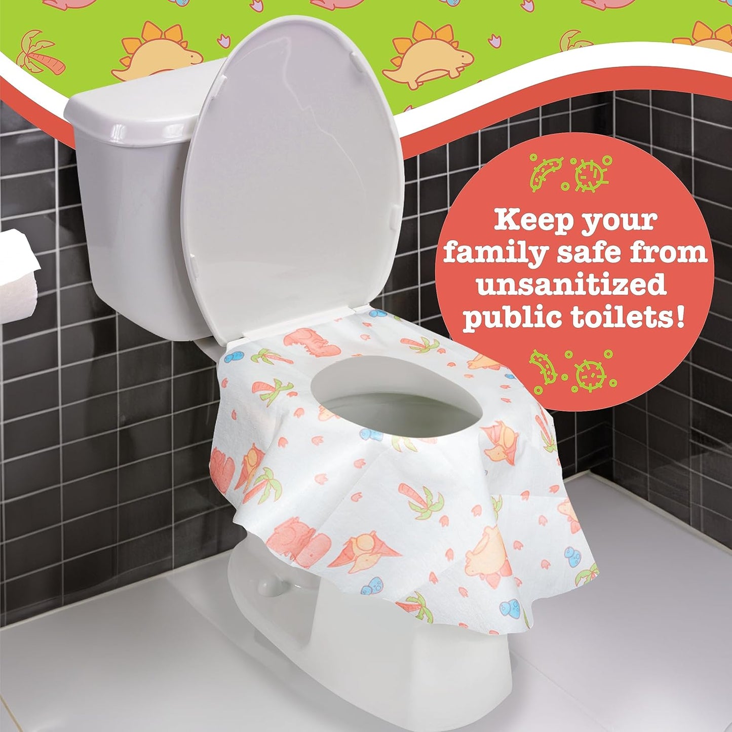Toilet Seat Covers Disposable (20 pk, Dinosaurs) - XL Waterproof Toilet Cover for Toddlers, Kids & Adults - Portable & Individually Wrapped for Travel, Potty Training, Public Restrooms