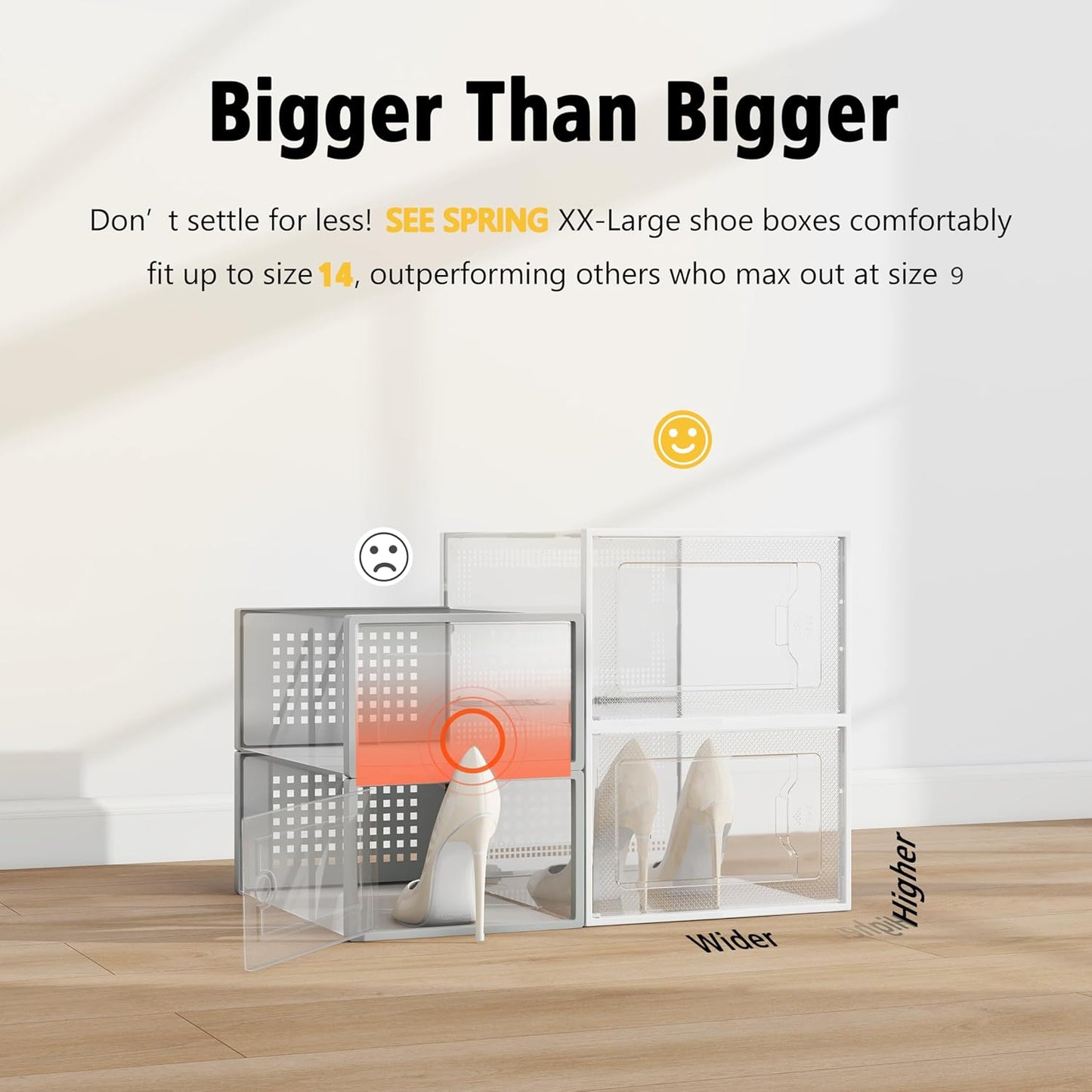 SEE SRPING XX-Large Shoe Storage Box Fit Size 14, Clear Plastic Stackable Shoe Organizer for Closet, Shoe Rack Sneaker Containers Bins Holders, Drawer Organize Unit, 12 Pack Clear