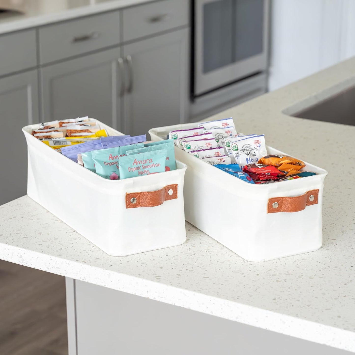 OrganiHaus Narrow Storage Bins 15x06in, Small Closet Bins for Shelves, Bathroom Storage Baskets for Shelves, Narrow Baskets, Fabric Organizer with Handles, Toilet Paper Organizer - 2 Pack, Off-White