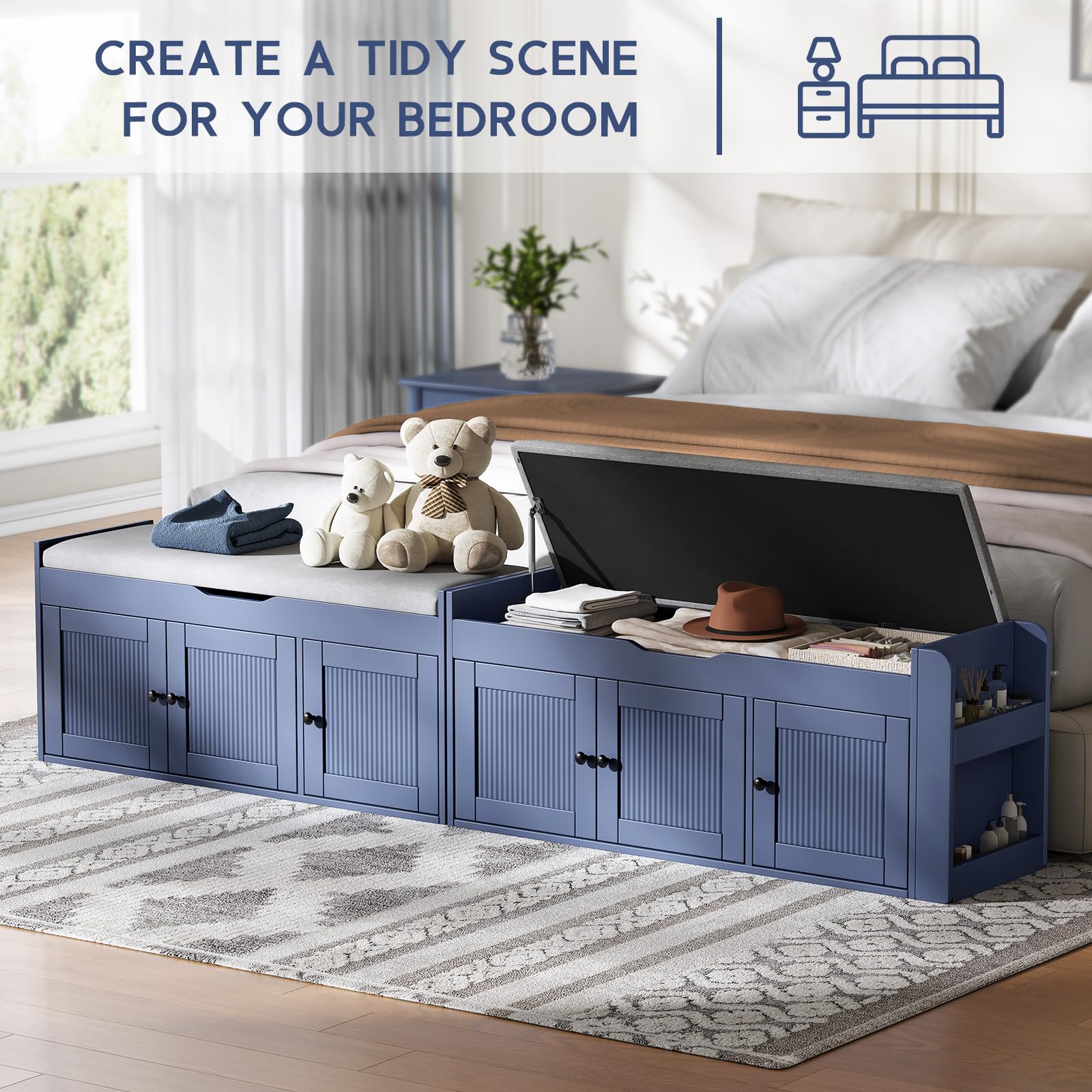 HOTAMO 42.6" Storage Bench - Shoe Storage Bench with Side Storage Shelves and 3 Doors