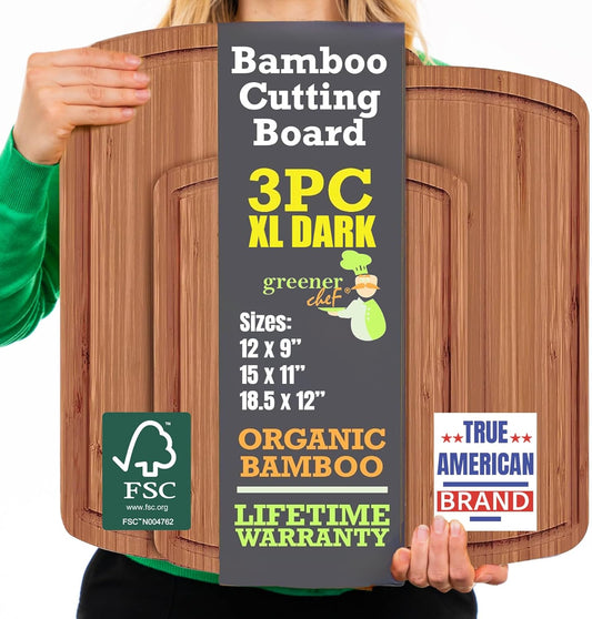Bamboo Wooden Cutting Board Set of 3 - Used to Chop Veggies, Carve Meat, Present Charcuterie at