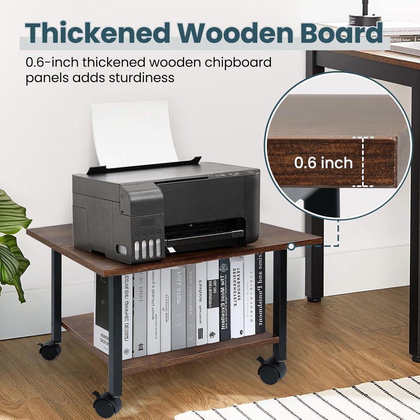 Printer Stand with Storage Under Desk Shelf, Desktop Printer Stand Organizer, Rolling Printer Cart Storage Paper Files Holder for Desk, Office, Home, (Rustic Brown)