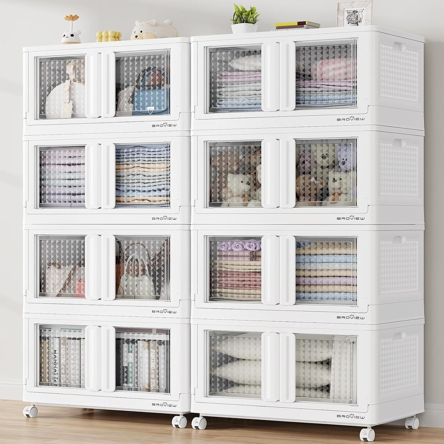 BROVIEW 160Gal Stackable Storage Bins with Lids & Wheels, 640Qt Plastic Collapsible Closet Organizer and Storage Drawers, Storage Boxes Cabinets for Home, Office, 8 Pack, White