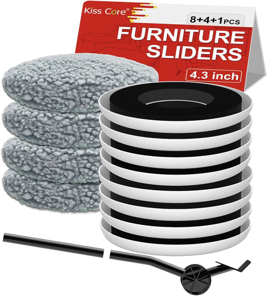 New Upgrade Furniture Sliders, Multi-Surface 3-in-1 Furniture Movers Sliders, Round Moving Pads with 8PCS 4.3" Carpet Sliders+4PCS Hard Floor Socks+1 Lifter, Protect Floor and Easily Move Furniture