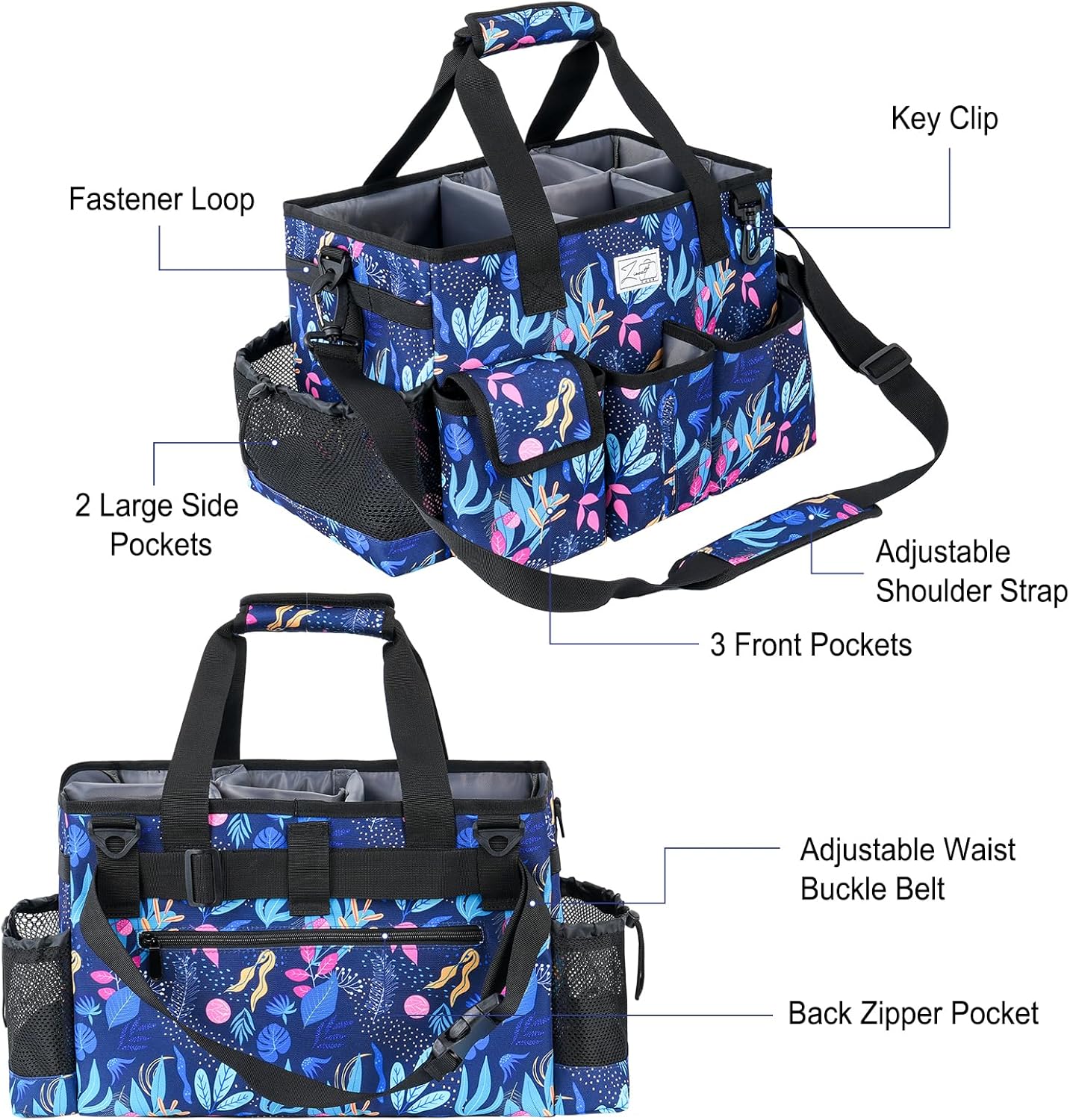 Cleaning Organizer, Large Caddy Bag for Supplies, Housekeeper's Bag with Handle (Blue Leaf)
