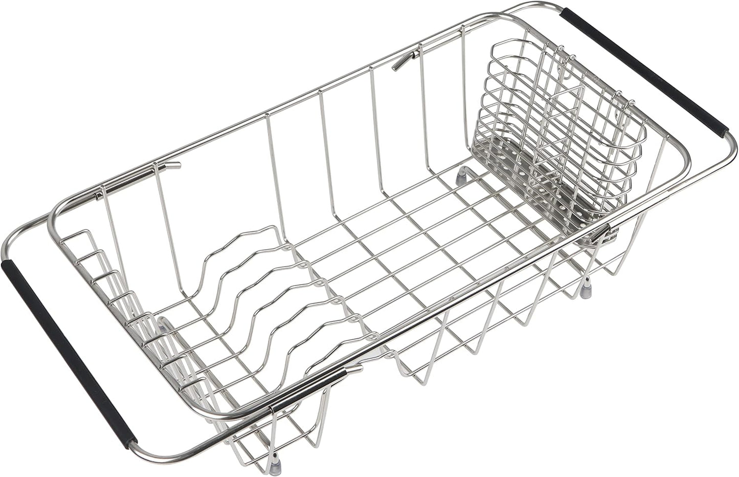 Sink Dish Drainer Rack, Expandable 304 Stainless Steel Dish Drying Rack Organizer with Stainless Steel Utensil Rack, Adjustable 14.96" to 20.59" Inside The Sink (up to 7 Upright Utensils).