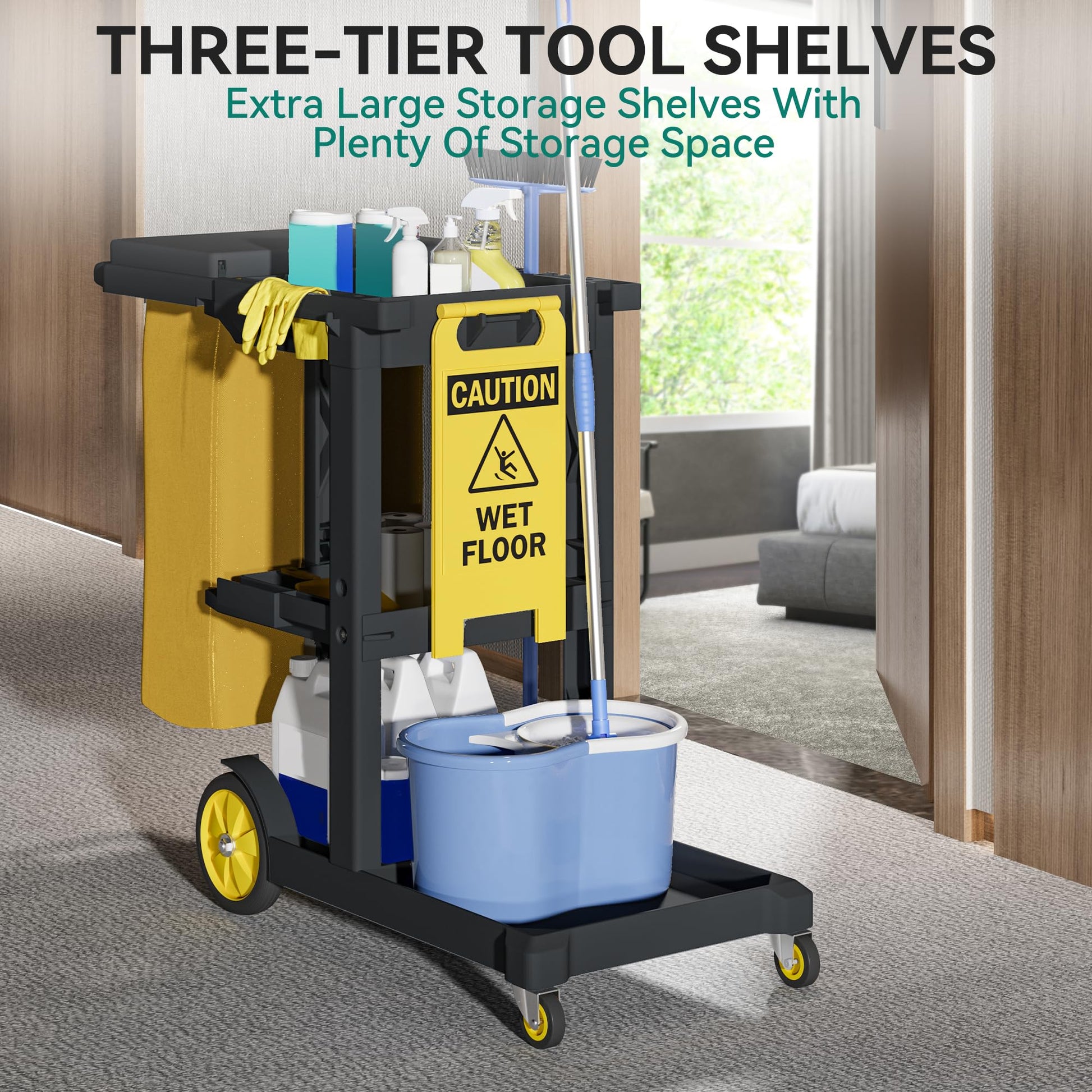 YITAHOME 3-Shelf Cleaning Carts on Wheels, Black Janitorial Cart