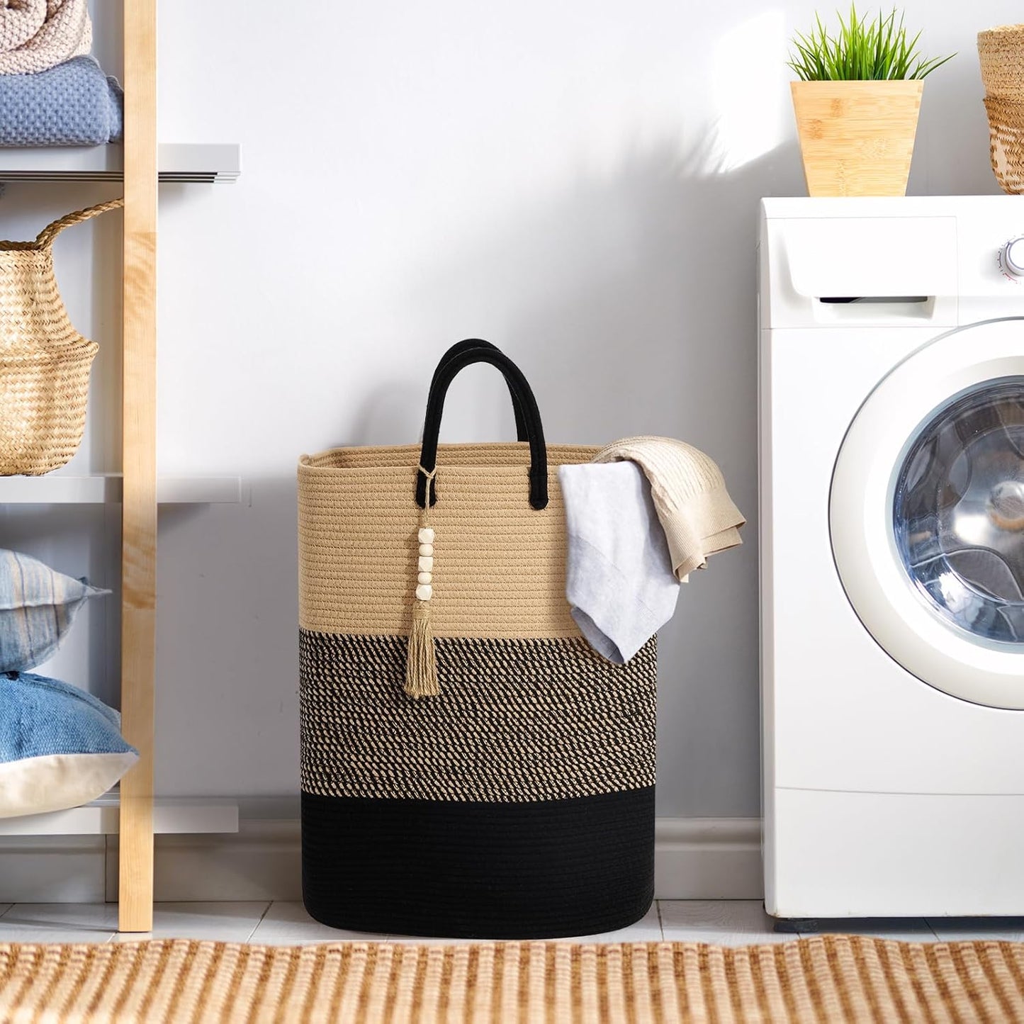 Woven Laundry Basket for Clothes, 80 L Large Rectangle Laundry Hampers with Beads Tassel, Nursery Storage Basket for Toys, Tall Dirty Clothes Hamper for Bedroom Aesthetic, Laundry Room Organization