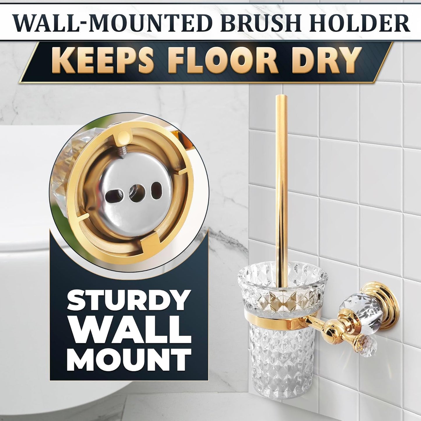 Gold Stainless Steel Toilet Brush with Crystal Toilet Brush Holder Set – Wall Mounted Holder, Replaceable Head, Decorative Space-Saving Design Bathroom Toilet Accessory Elegant Toilet Bowl Cleaner Set