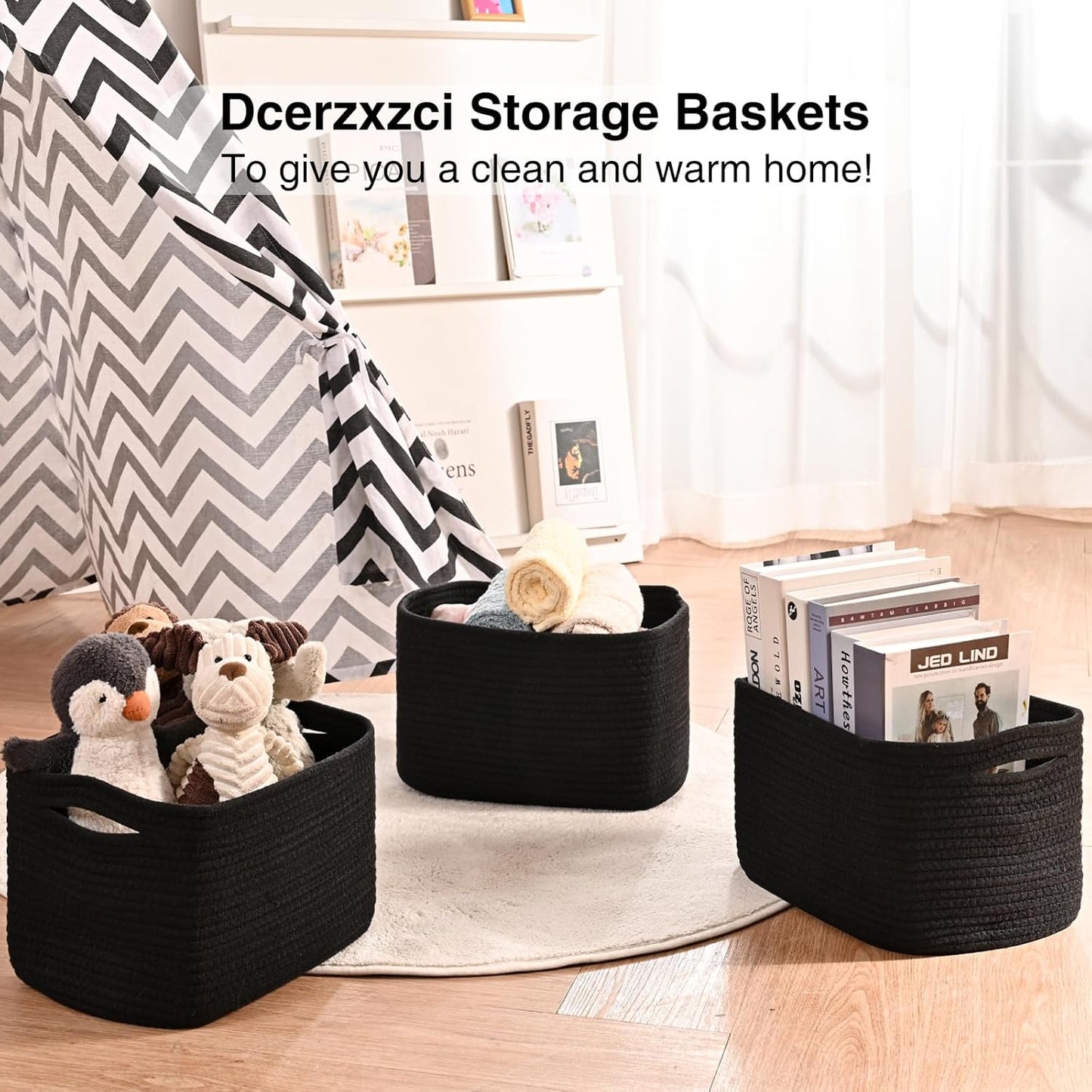 Small Storage Baskets for Organizing Shelves, Cotton Rope Basket for Storage, Cute Rectangular Book Toy Bins, 12.7"×9.1"×7.9", 4 Packs, Black
