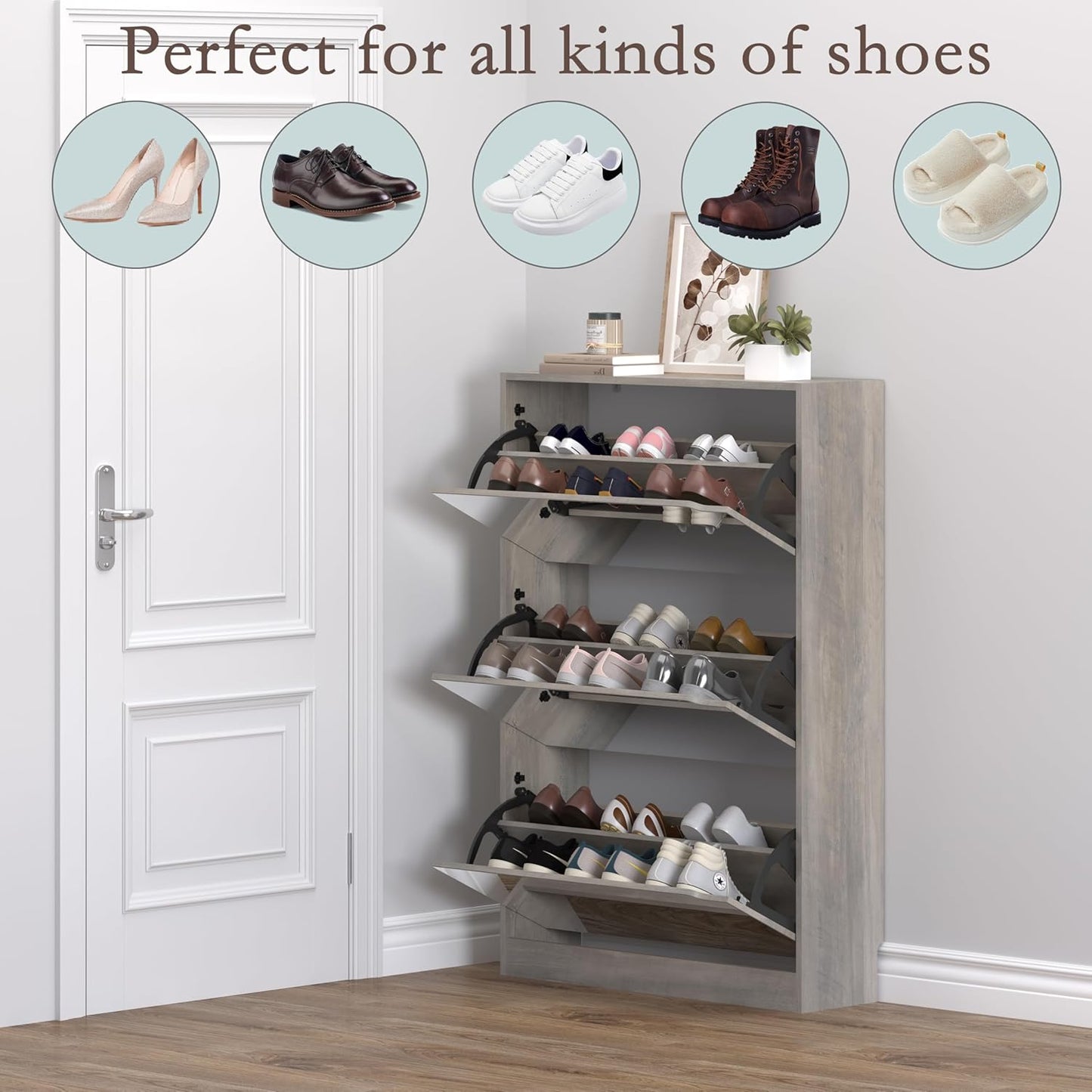 Shoe Cabinet with 3-Flip Mirror Drawers, Freestanding Shoe Rack Organizer with Hidden Handle, Slim Narrow Shoe Storage Cabinet for Entryway, Entrance, Hallway, Bedroom
