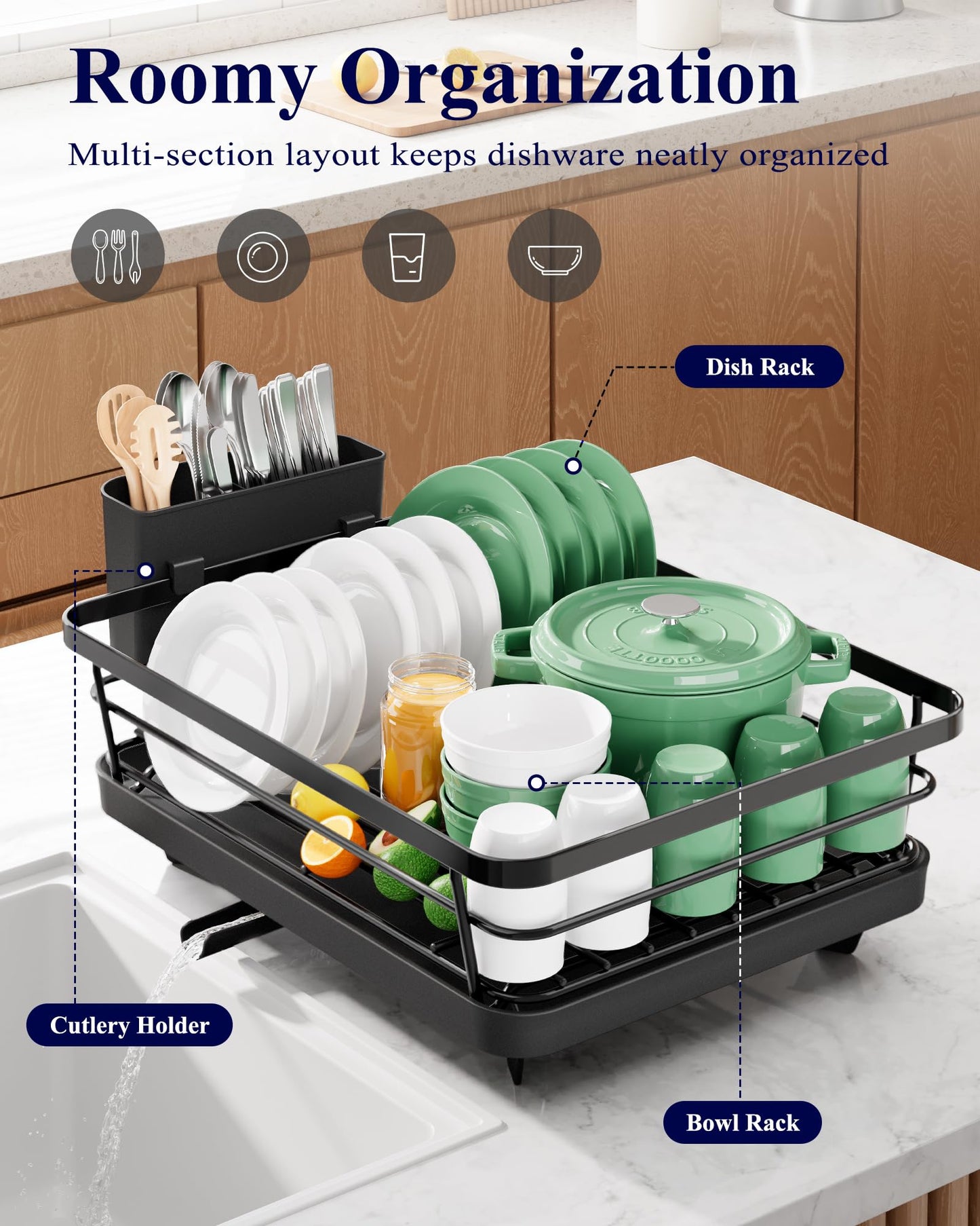 Kitsure Dish Drying Rack for Kitchen Counter, 12''W x 15.5''L, Black