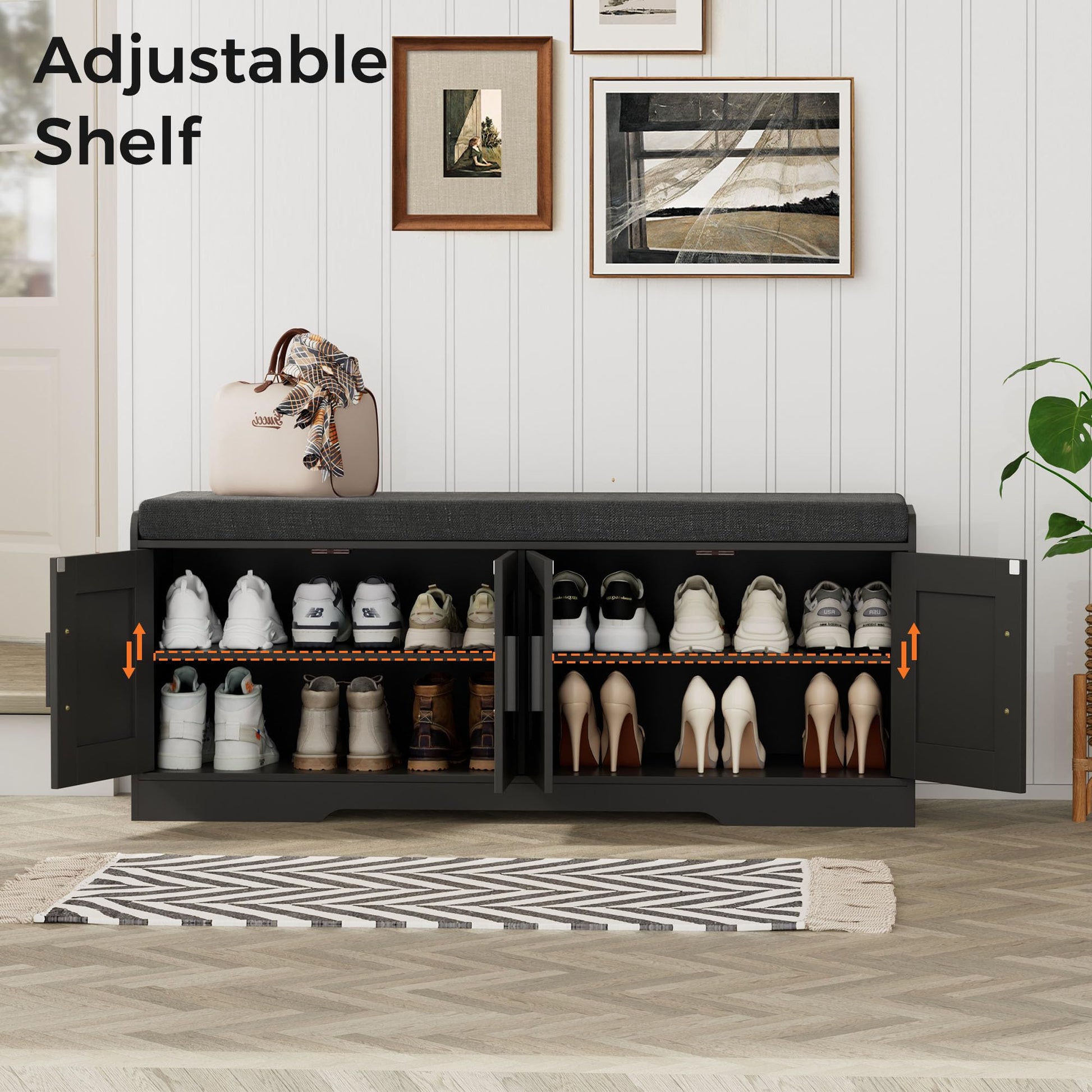 Homleke Shoe Storage Bench, 4 Doors & Thickened Padded Seat Cushion