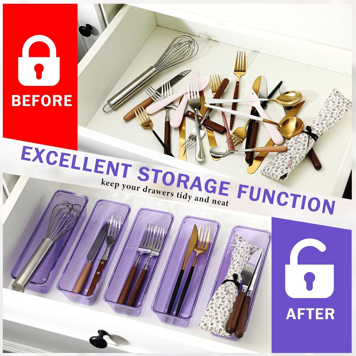 Maitys 12 Pcs Vanity Drawer Organizer 9 x 3 x 2 Inches Clear Plastic Utensil Organizers Kitchen Drawers Dividers for Office Desk Silverware Kitchen Utensils Cosmetics and Bathrooms(Purple)