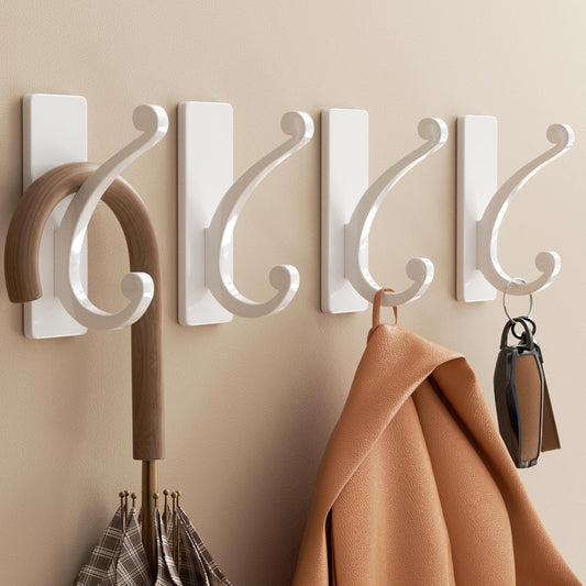 Adhesive Wall Hook for Towel/Coat - Extra Sticky 10LB Stainless, Stick on Hanger for Bath or Shower, Matt White 4-Pack