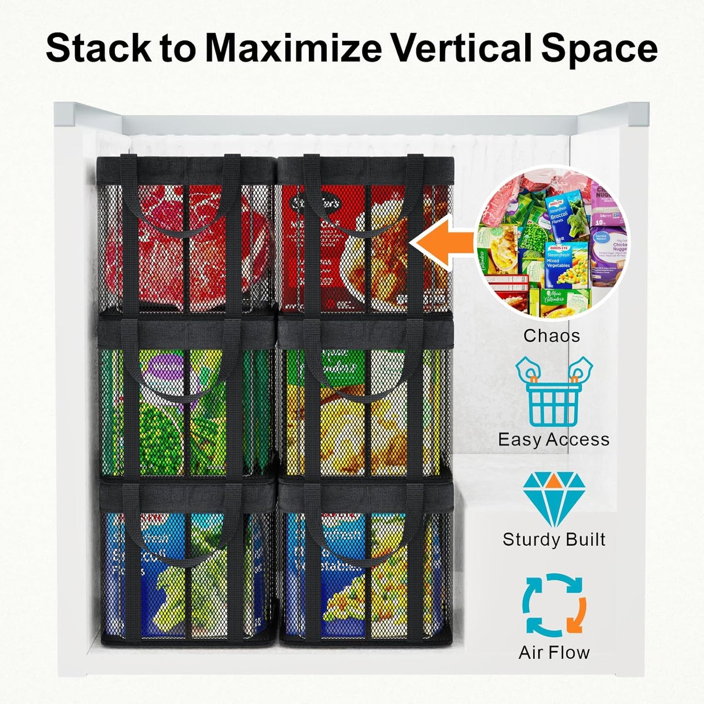 iSPECLE Deep Freezer Organizer Bins - 4 Pack Large Stackable Freezer Organizer Bins for 5 to 7 Cu.Ft Chest Freezers Easy Get Foods without Digging, Faster Freezing Better Freshness, Black