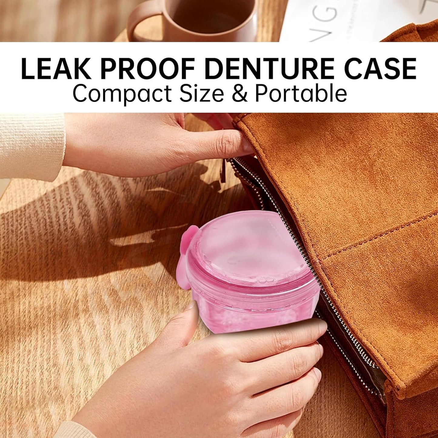 Denture Bath Case Denture Cleaning Cup with Lid Leak Proof, False Teeth Holder Mouthguard Storage Box Retainer Soaking Case for TravelHousehold|Office - Transparent Pink