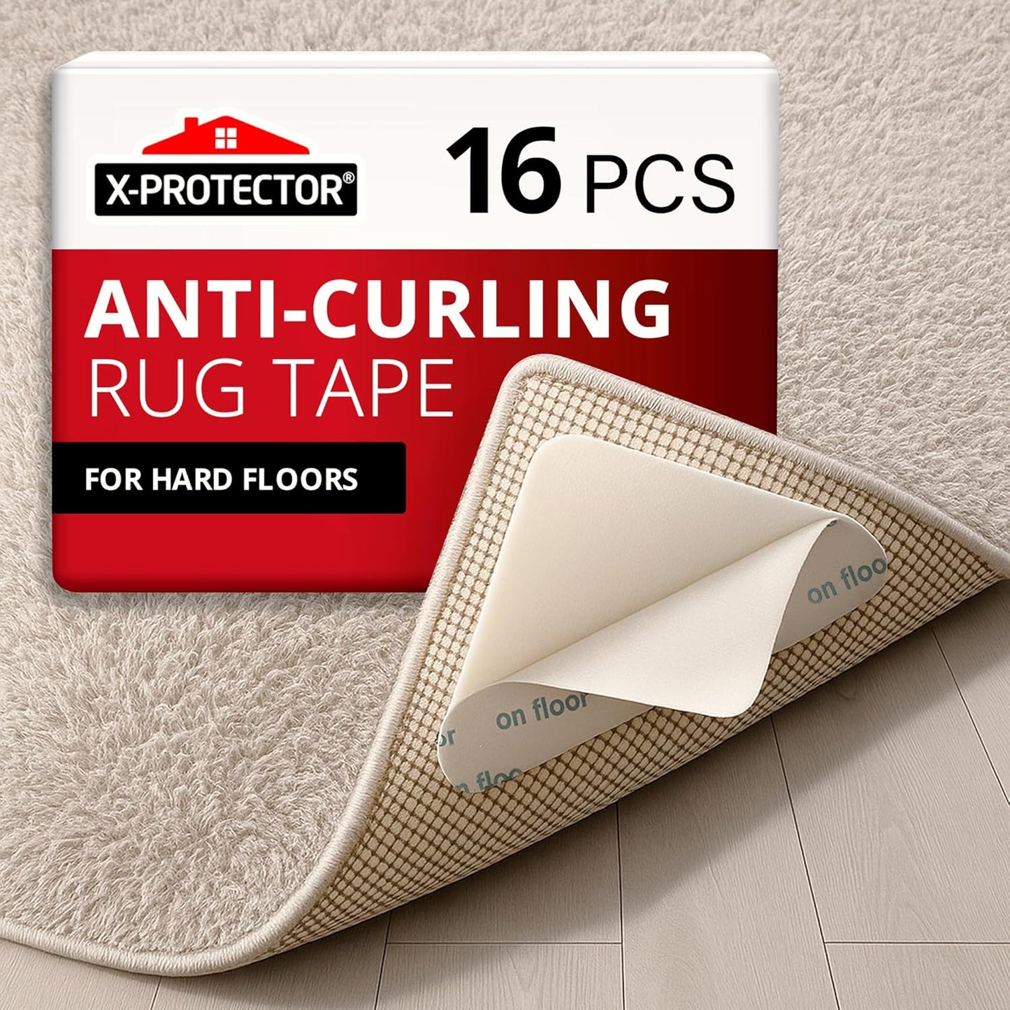 X-Protector Rug Tape - 16 Pcs Set - White Anti-Slip & Anti-Curling Carpet Tape for Hard Floors - Premium Rug Pad Gripper - Ideal Carpet Corner Grippers to Keep Your Carpet in Place & Make Corners Flat