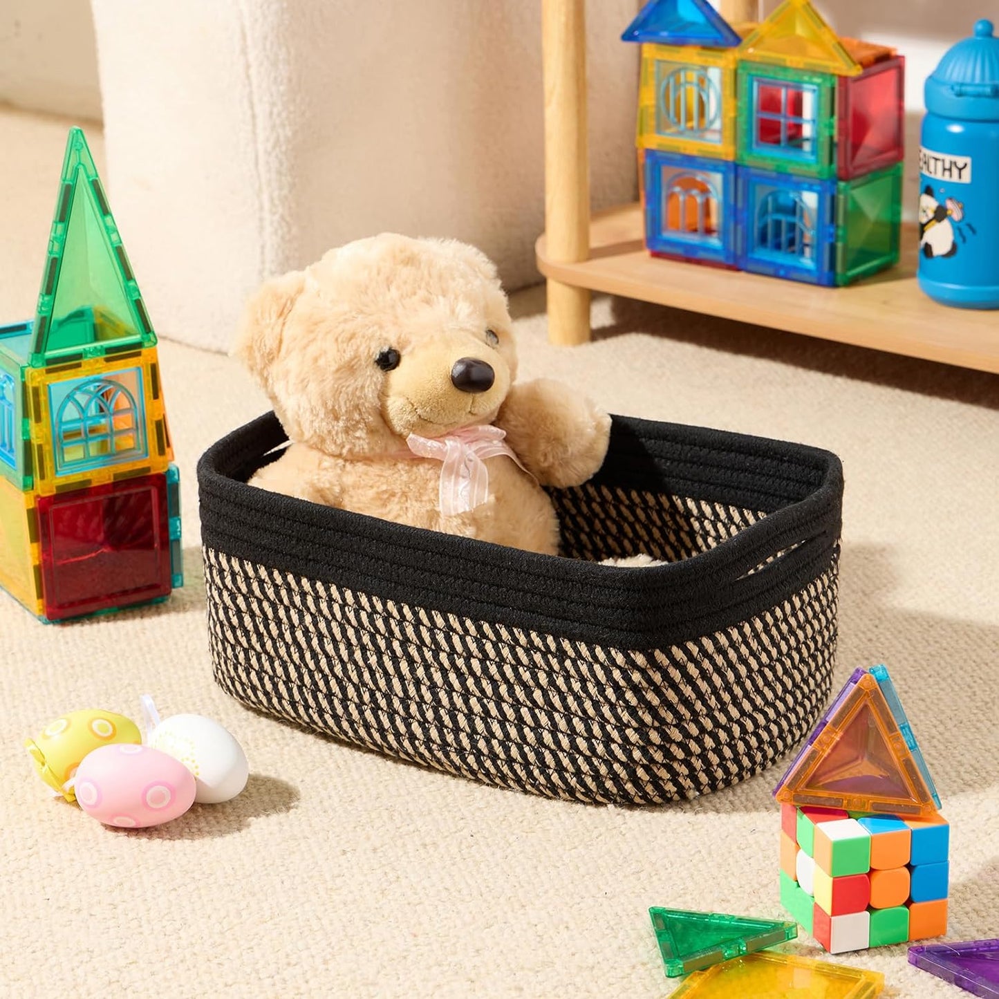 Small Storage Baskets for Organizing | Closet Organizer Bins | Shelf Toy Basket | Woven Rope Baskets | Cube Decorative Box | Shallow Basket | 13x8.5x5.1” | 3 Packs Black Brown