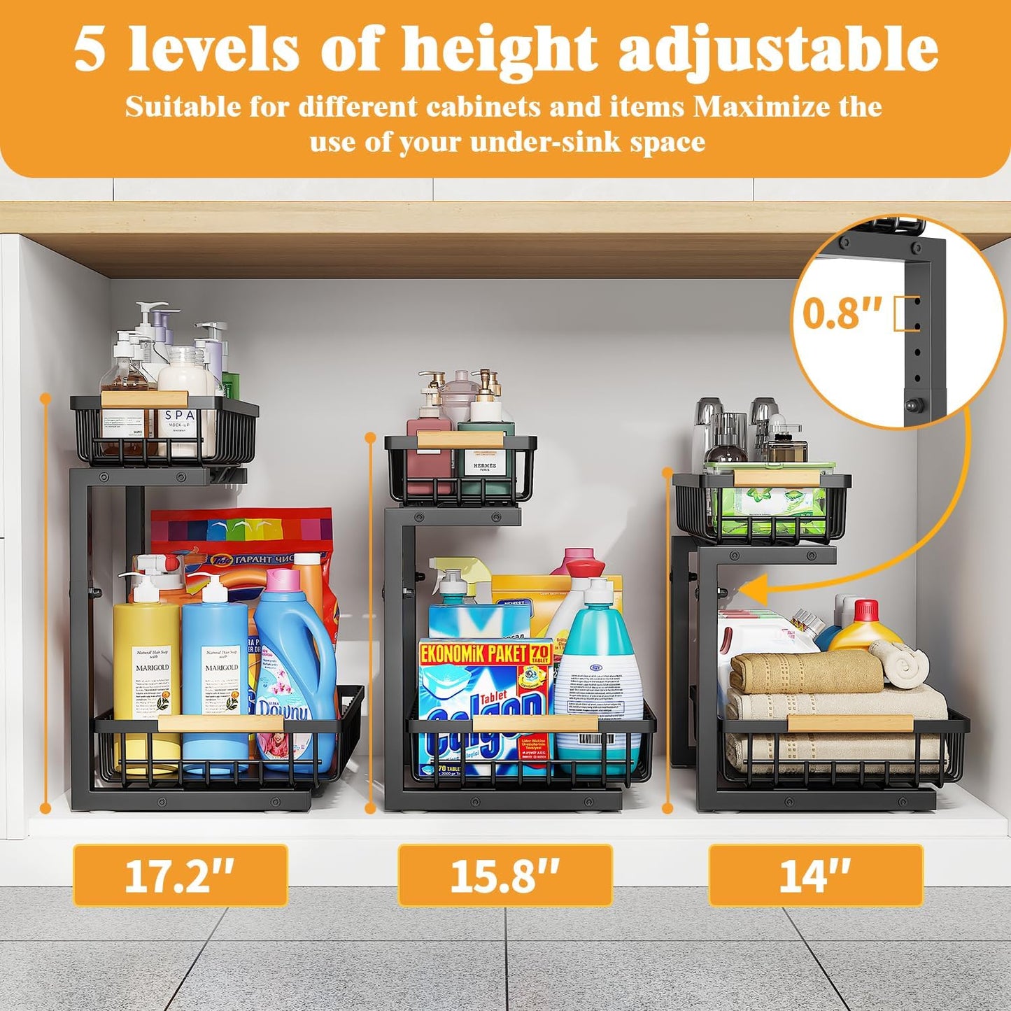 2-Tier Slide Out Under Sink Organizer – 2-Tier Pull-Out Storage Rack, Bathroom organizers and storage for Kitchen and Bathroom, Space-Saving Cabinet Organizer, Rustproof,（Black)(2 Pack)