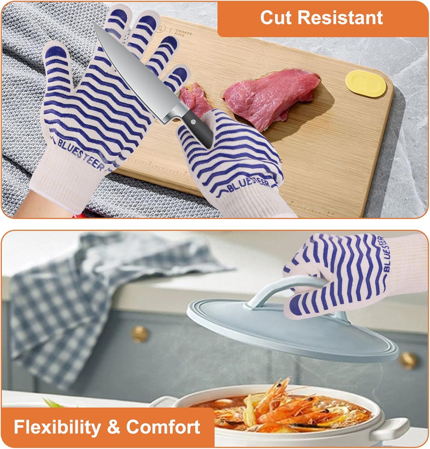 Oven Gloves 932°F Heat Resistant Oven Mitts with Fingers, Heat Proof BBQ Grill Gloves Silicone Grip Fireproof Gloves for Kitchen Cooking Grilling Baking