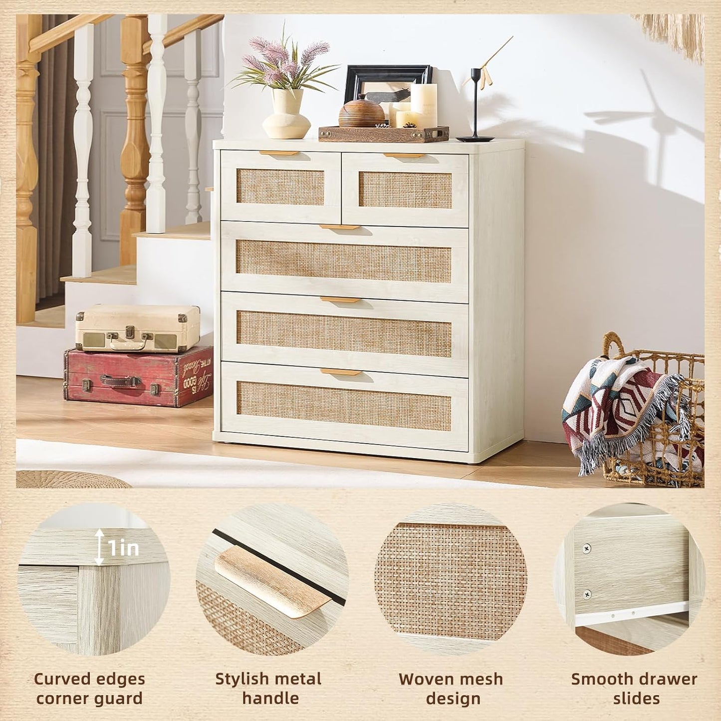 LEYAOYAO White Dresser for Bedroom, 33.5" Tall Chest of Drawers, Modern 5 Drawers Boho Rattan Dressers with Storage, Dresser Wooden Closet Organizer for Living Room, Hallway